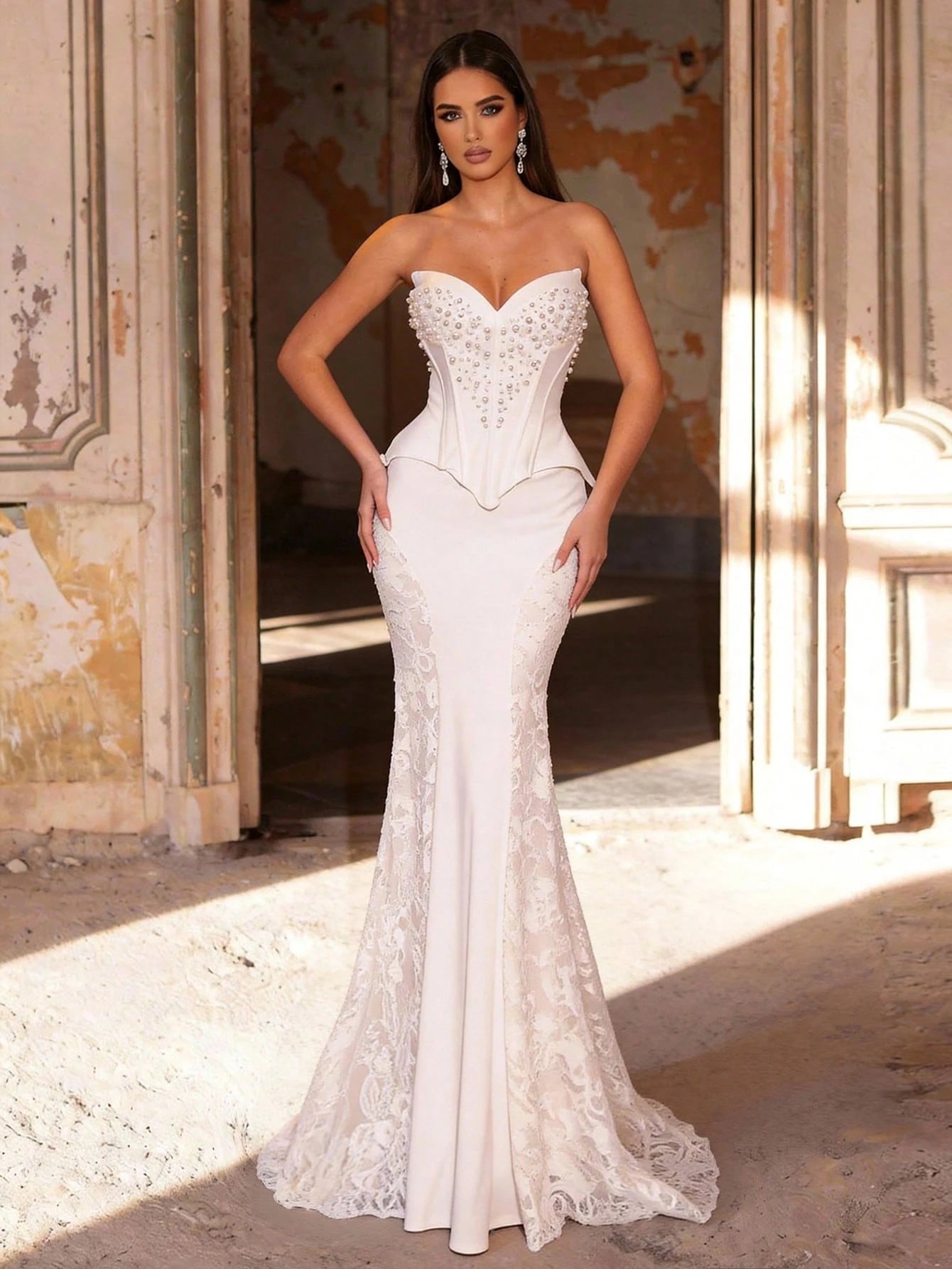 Glamrae White Summer Elegant Formal Party Wedding Mermaid Dress,Luxurious Pearl Beaded Lace Patchwork - image 5
