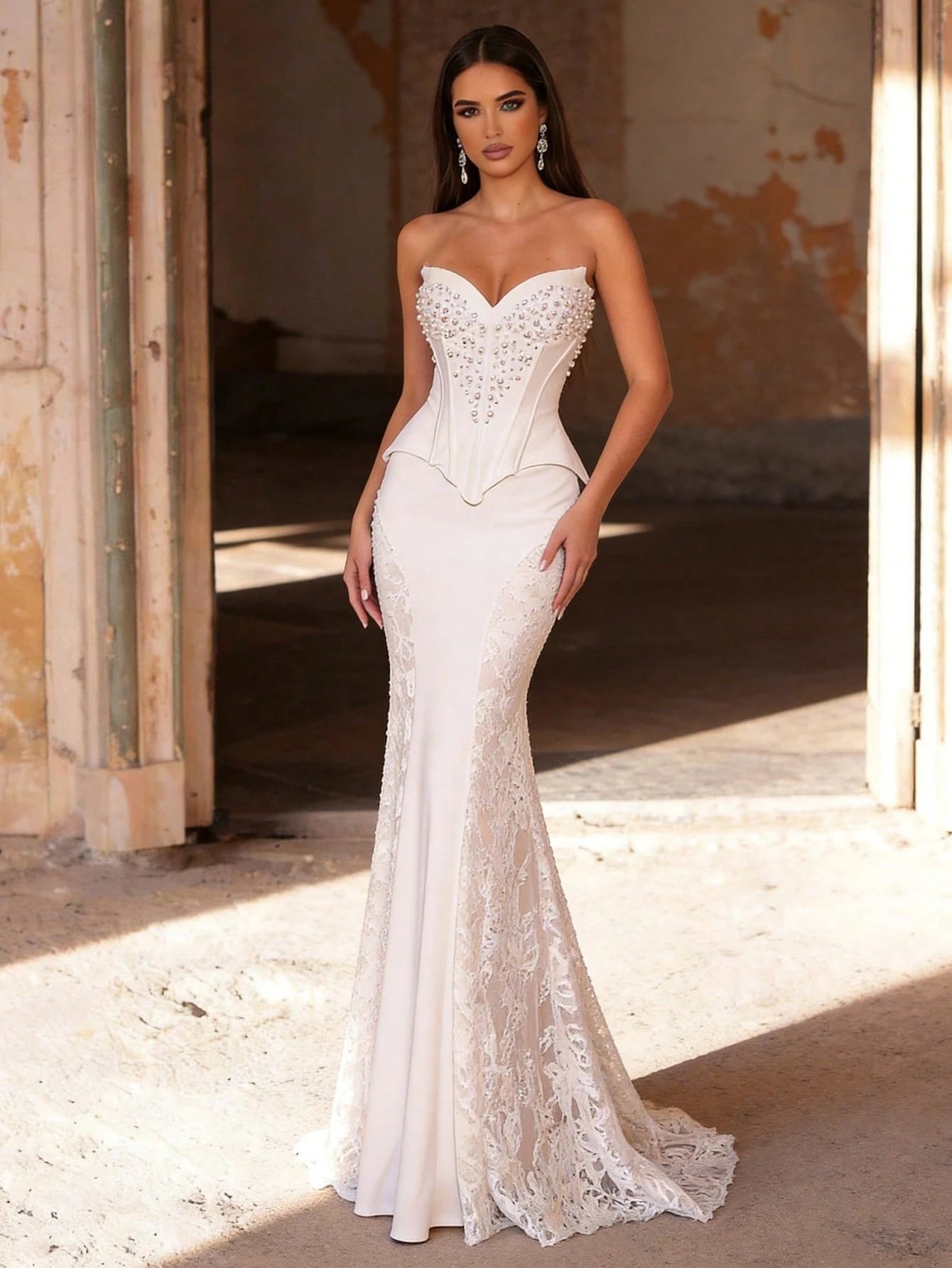 Glamrae White Summer Elegant Formal Party Wedding Mermaid Dress,Luxurious Pearl Beaded Lace Patchwork - image 6