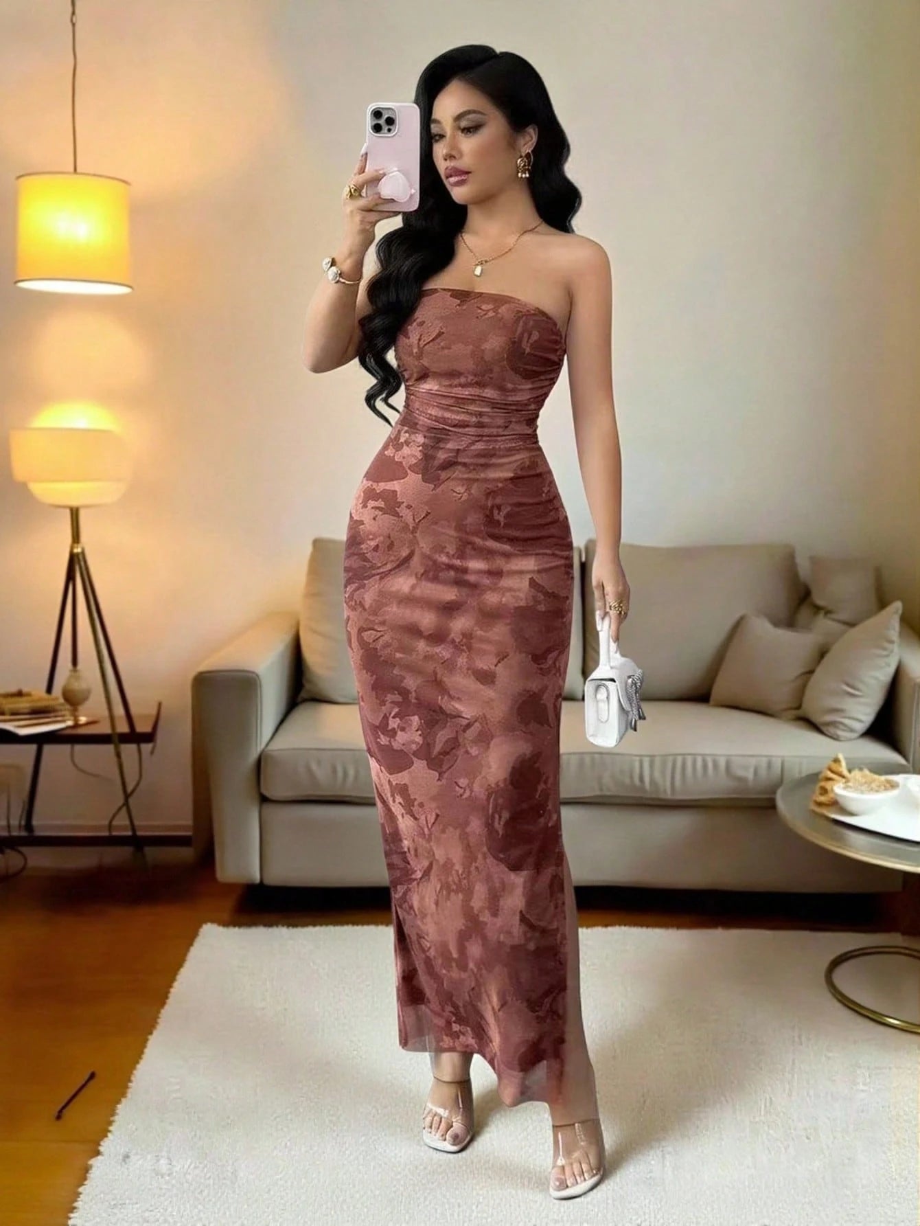 Ladies' Tie Dye Strapless Dress With Side Slit Hem Maxi