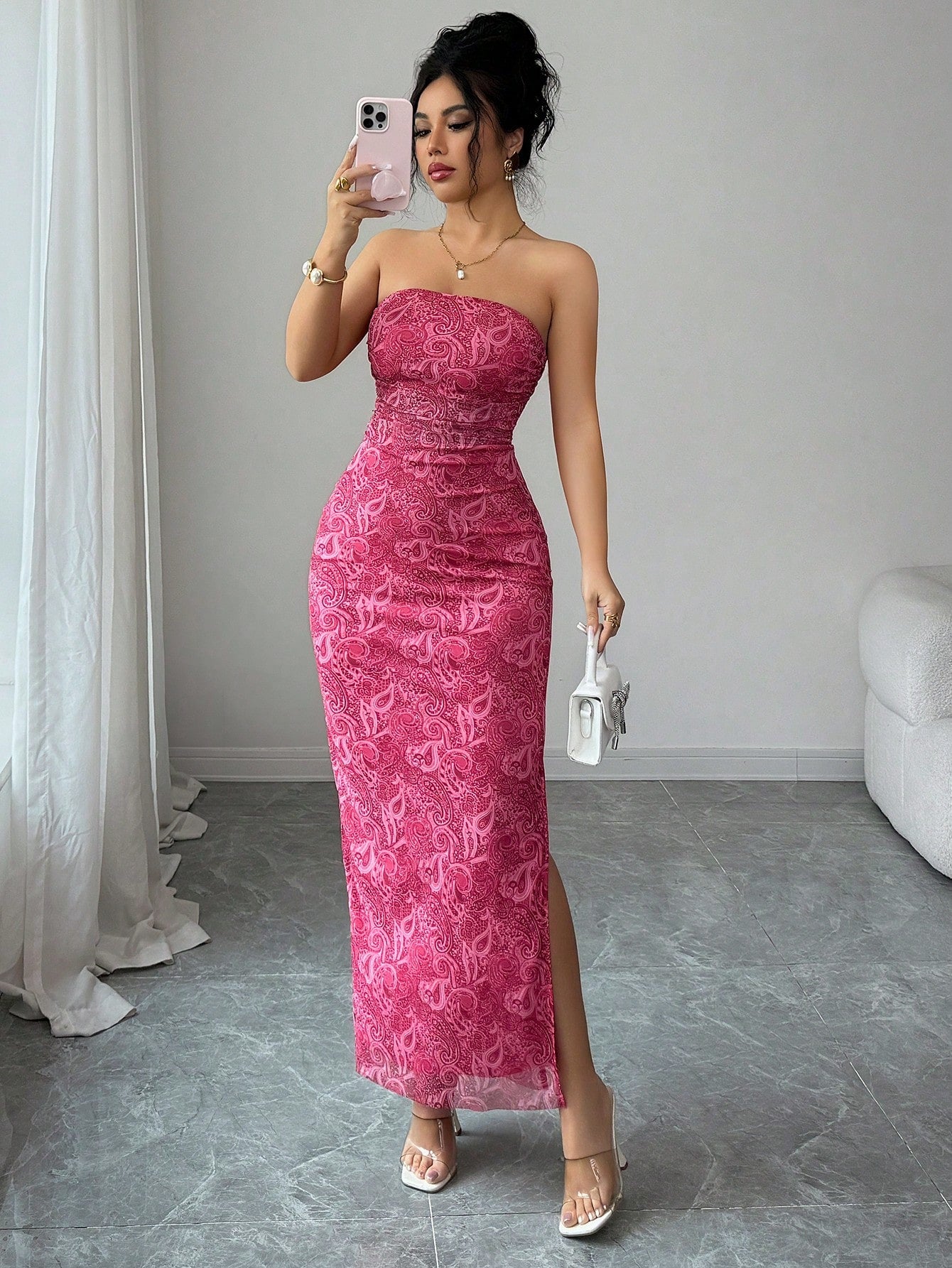 Ladies' Tie Dye Strapless Dress With Side Slit Hem Maxi
