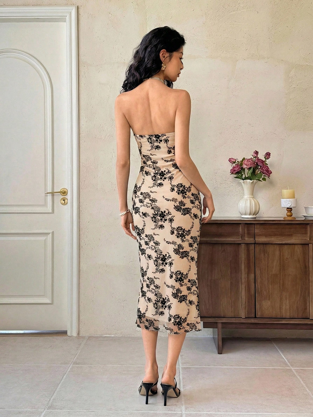 EastFlair Women's Elegant Floral Print Mesh Backless Midi Dress, & Fitted Burgundy Wine Dress For Wedding - image 2