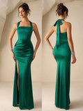 Coutiva Women's Elegant Emerald Green Formal Wedding Guest Dress,Spring Square Neck Sleeveless Split Satin