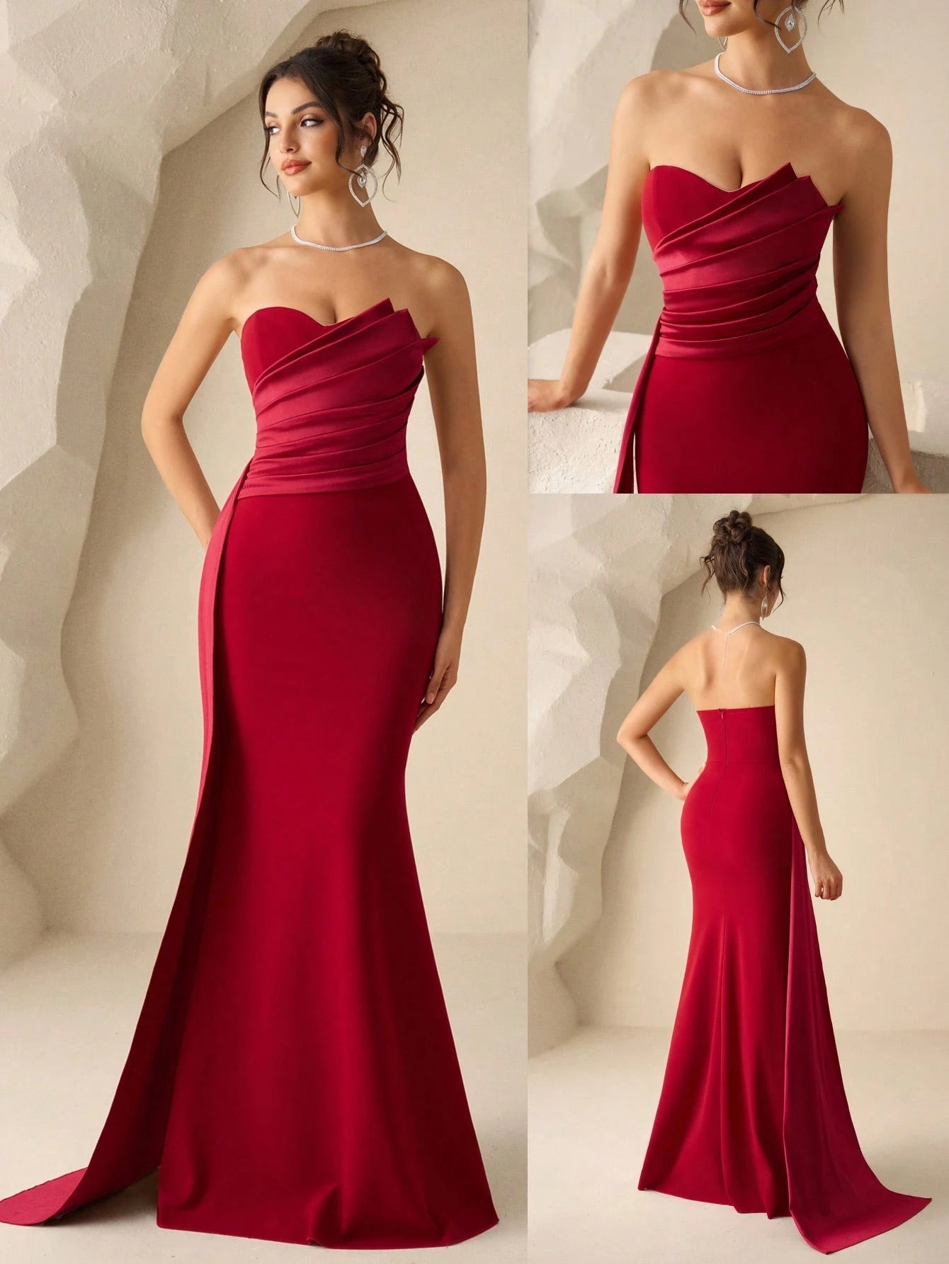Coutiva Women's Burgundy Summer Elegant Formal Wedding Dress,Ruched Fishtail Hem Strapless Bridesmaid - image 9