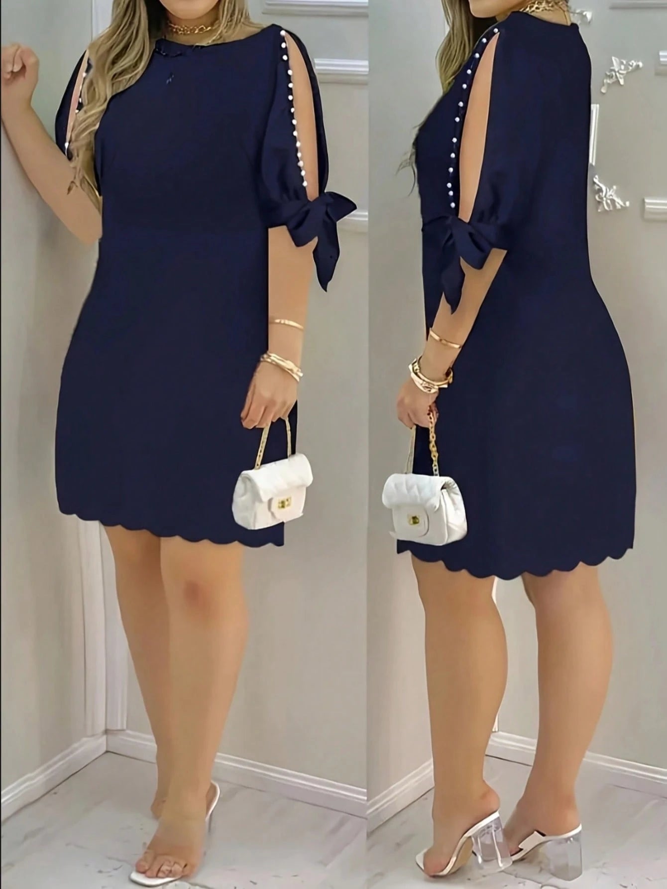 Floral Print Ruffle Sleeve Faux Pearl Embellished Women's Dress,