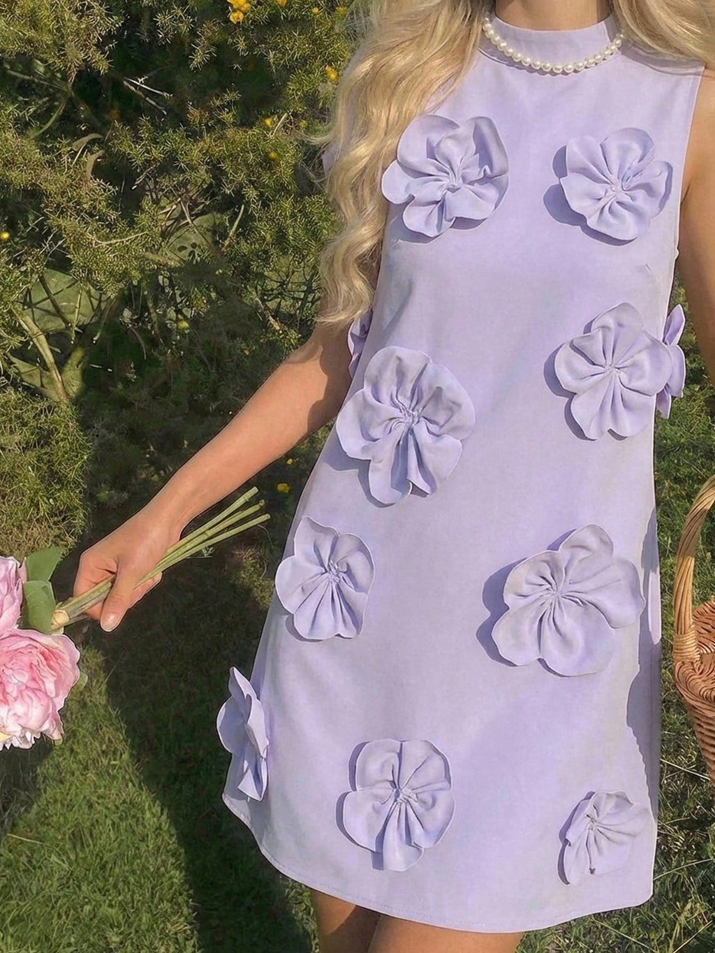 Amorya Elegant Lavender Summer Tea Party 3D Floral Handmade Fitted Mini Dress,Customized High-End Flower - image 2