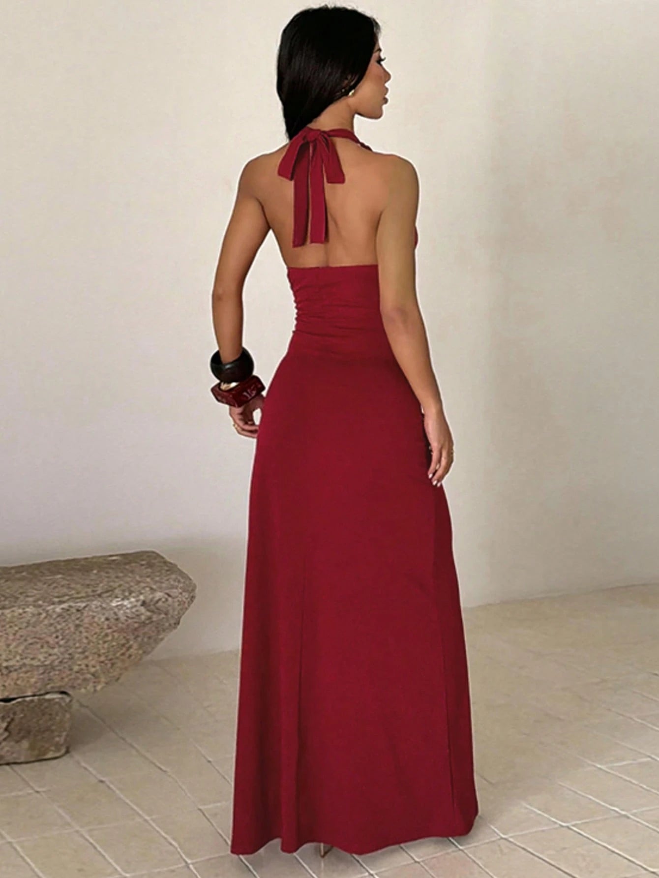 Solid Color Elegant Sexy Knit Fabric, High Slit To Thigh Dress, Suitable For Wedding, School Party, Beach - image 3