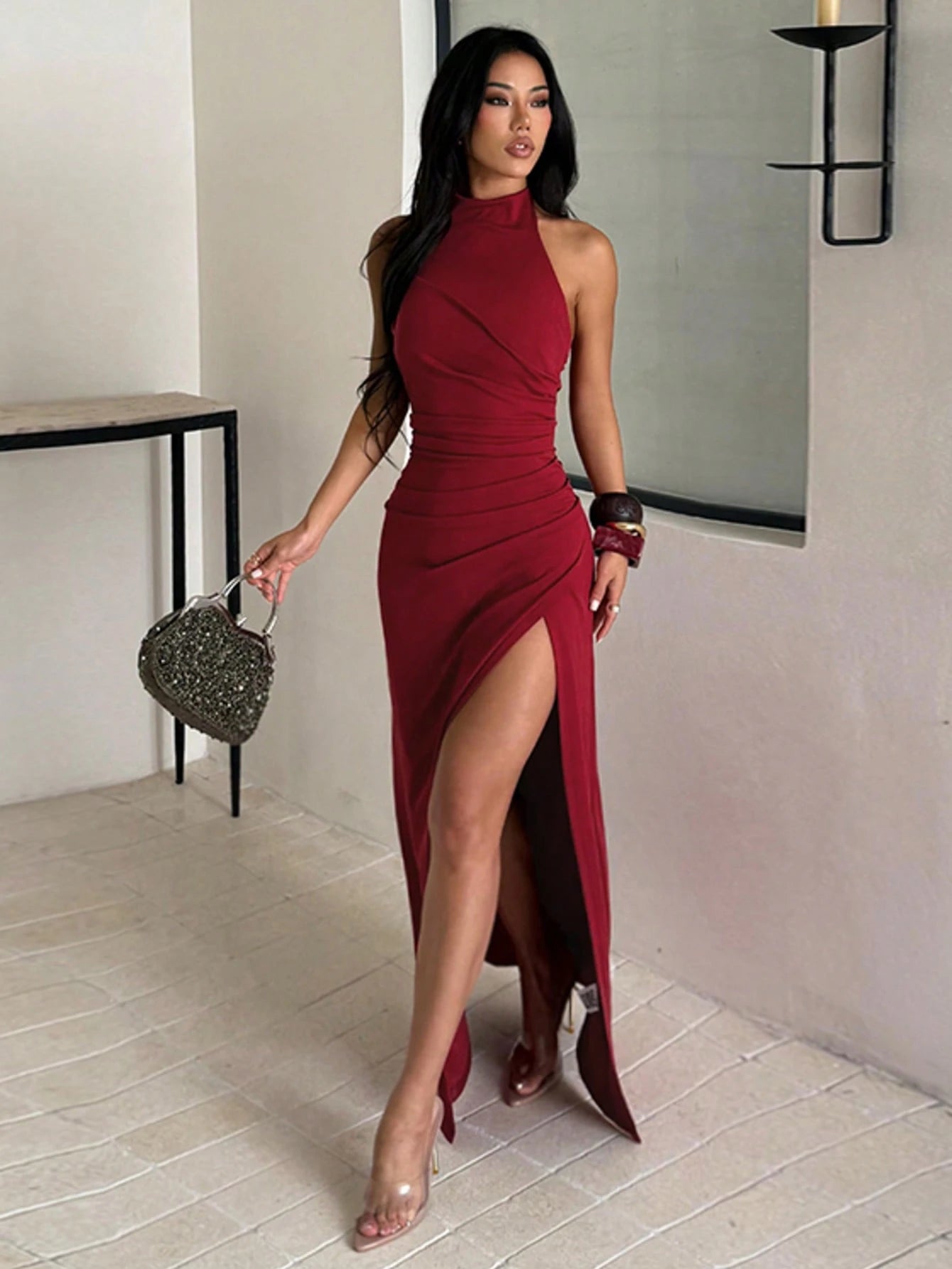 Solid Color Elegant Sexy Knit Fabric, High Slit To Thigh Dress, Suitable For Wedding, School Party, Beach - image 5