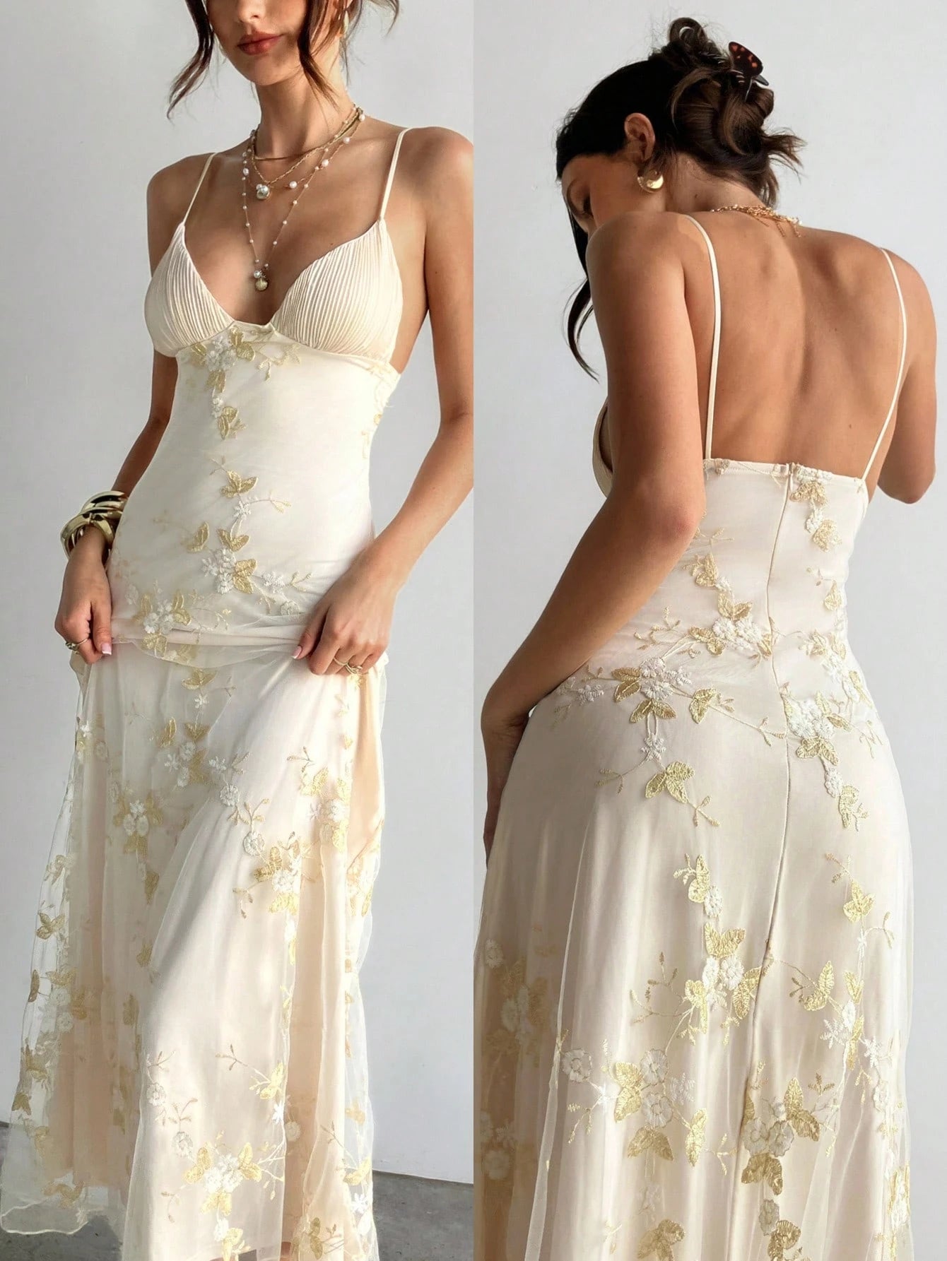 Aloruh Women's Elegant Deep V-Neck Ruched Bustier Embroidered Fitted Waist Embroidered Dress Vacation Light