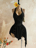 Soleia Deep V Neck Tie-Up Waist Wooden Bead Asymmetrical Hem Mini