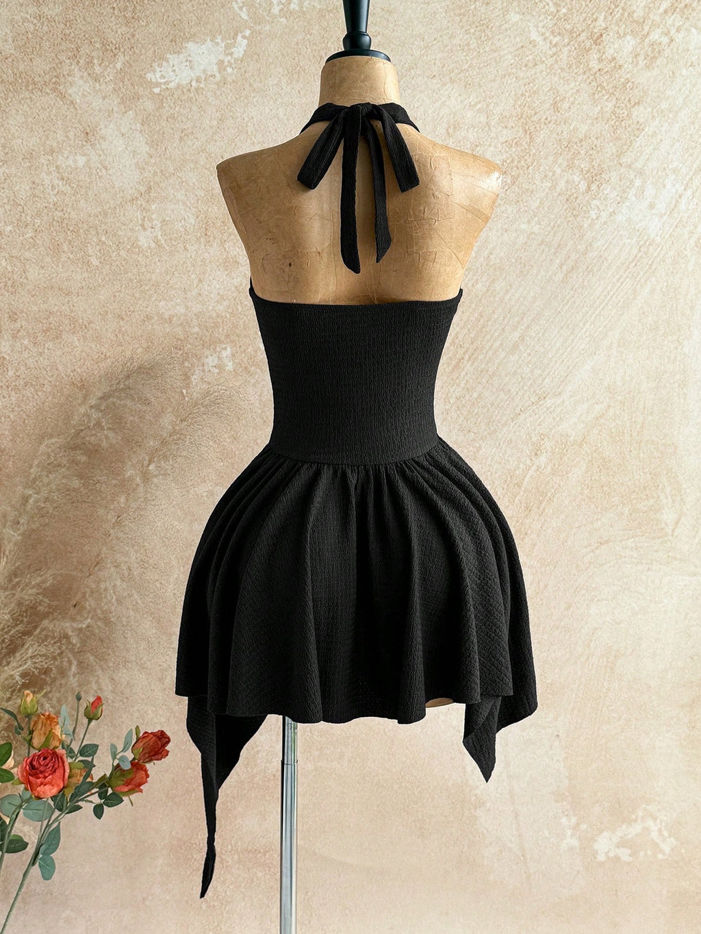 Soleia Deep V Neck Tie-Up Waist Wooden Bead Asymmetrical Hem Mini