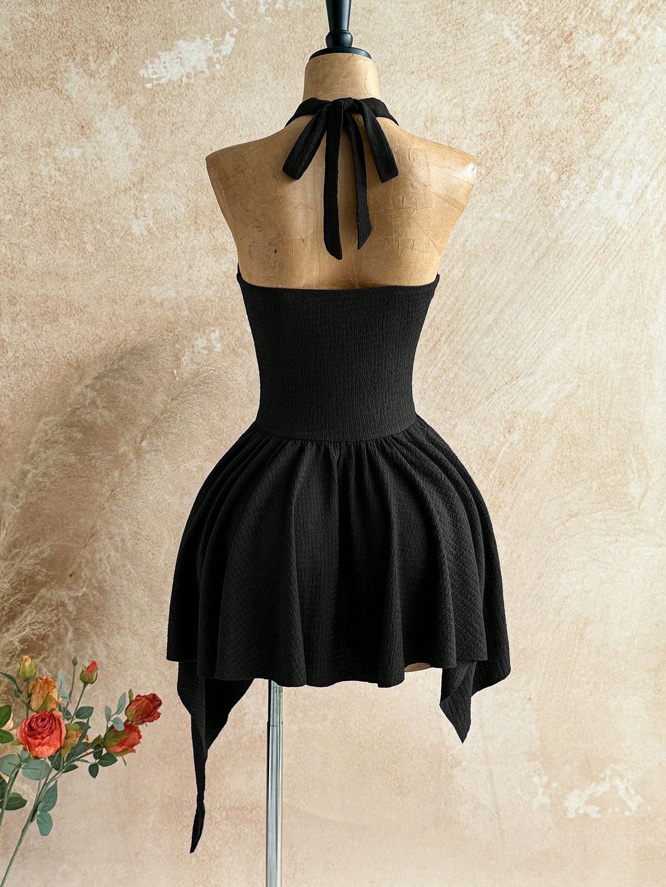 Soleia Deep V Neck Tie-Up Waist Wooden Bead Asymmetrical Hem Mini