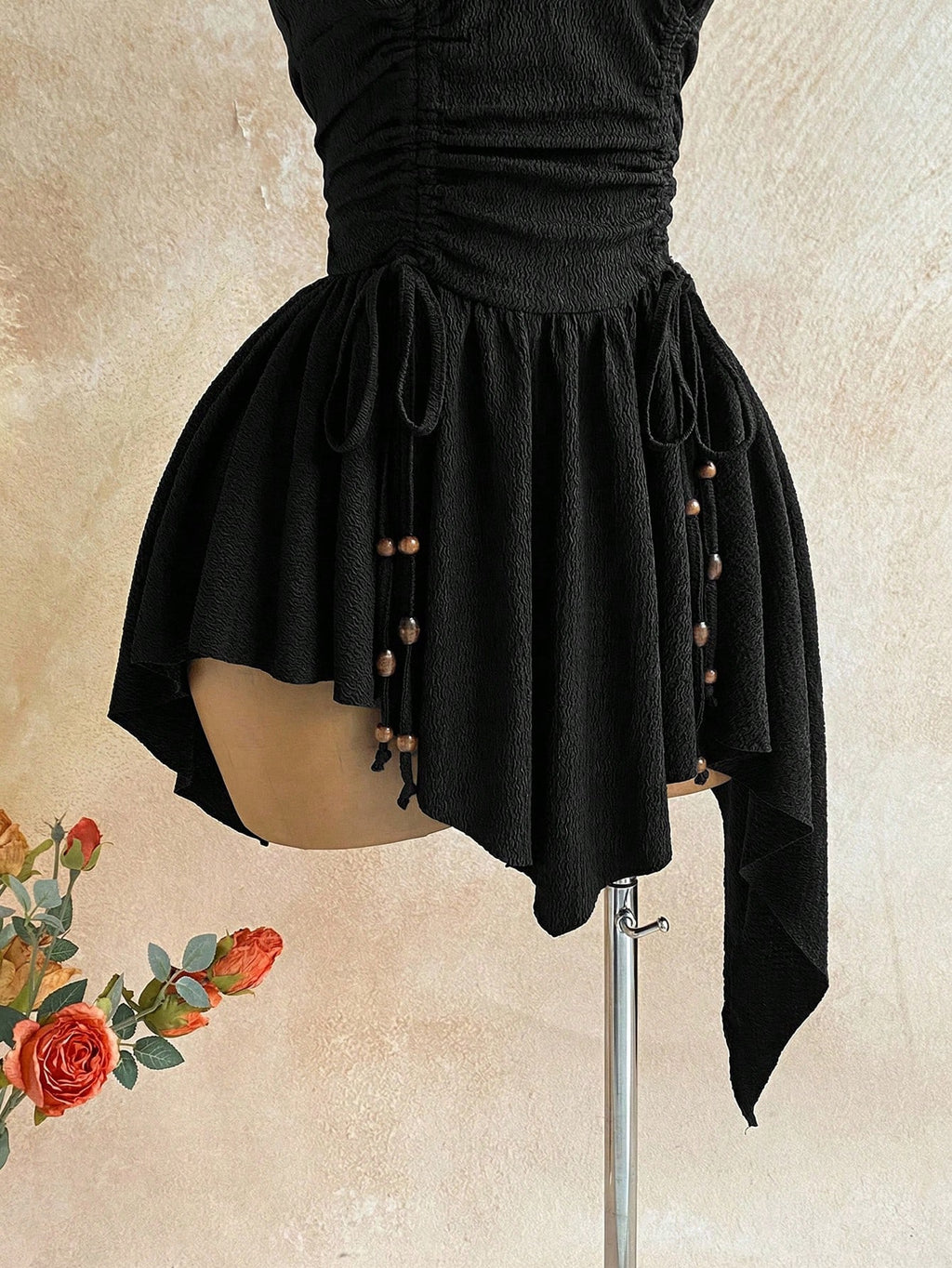 Soleia Deep V Neck Tie-Up Waist Wooden Bead Asymmetrical Hem Mini
