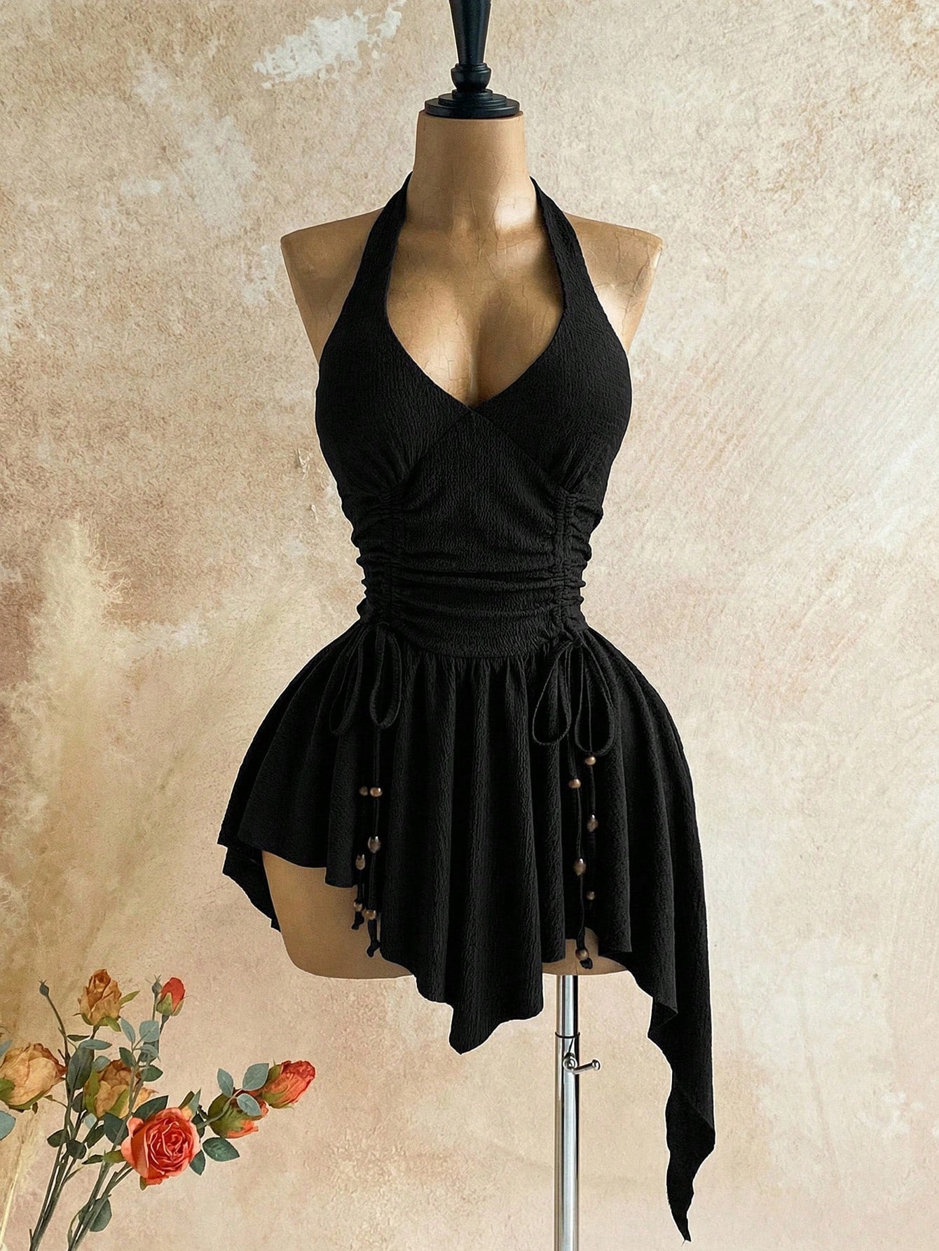 Soleia Deep V Neck Tie-Up Waist Wooden Bead Asymmetrical Hem Mini Dress,Women's Vintage Black Summer Boho - image 4