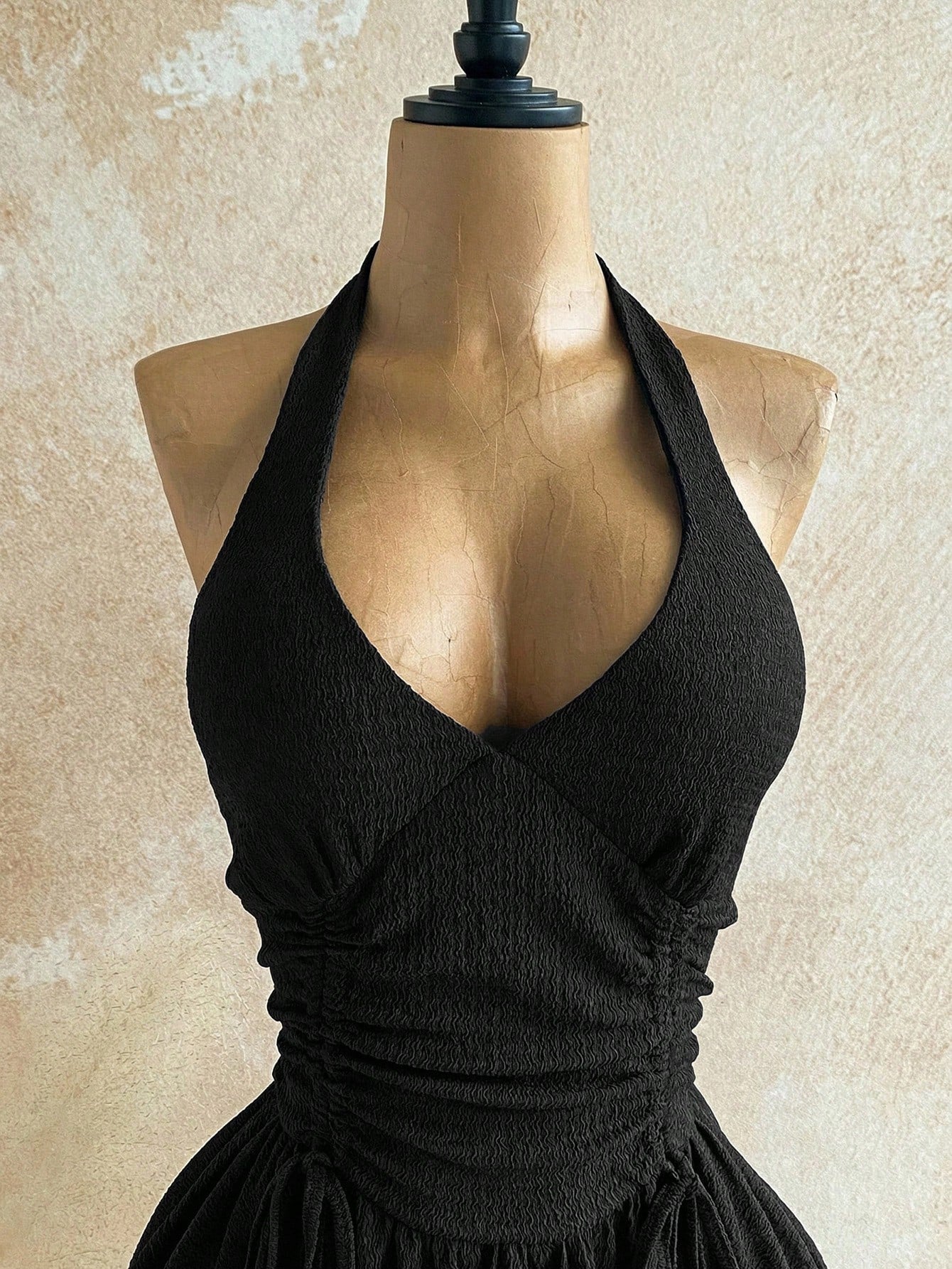 Soleia Deep V Neck Tie-Up Waist Wooden Bead Asymmetrical Hem Mini Dress,Women's Vintage Black Summer Boho - image 5