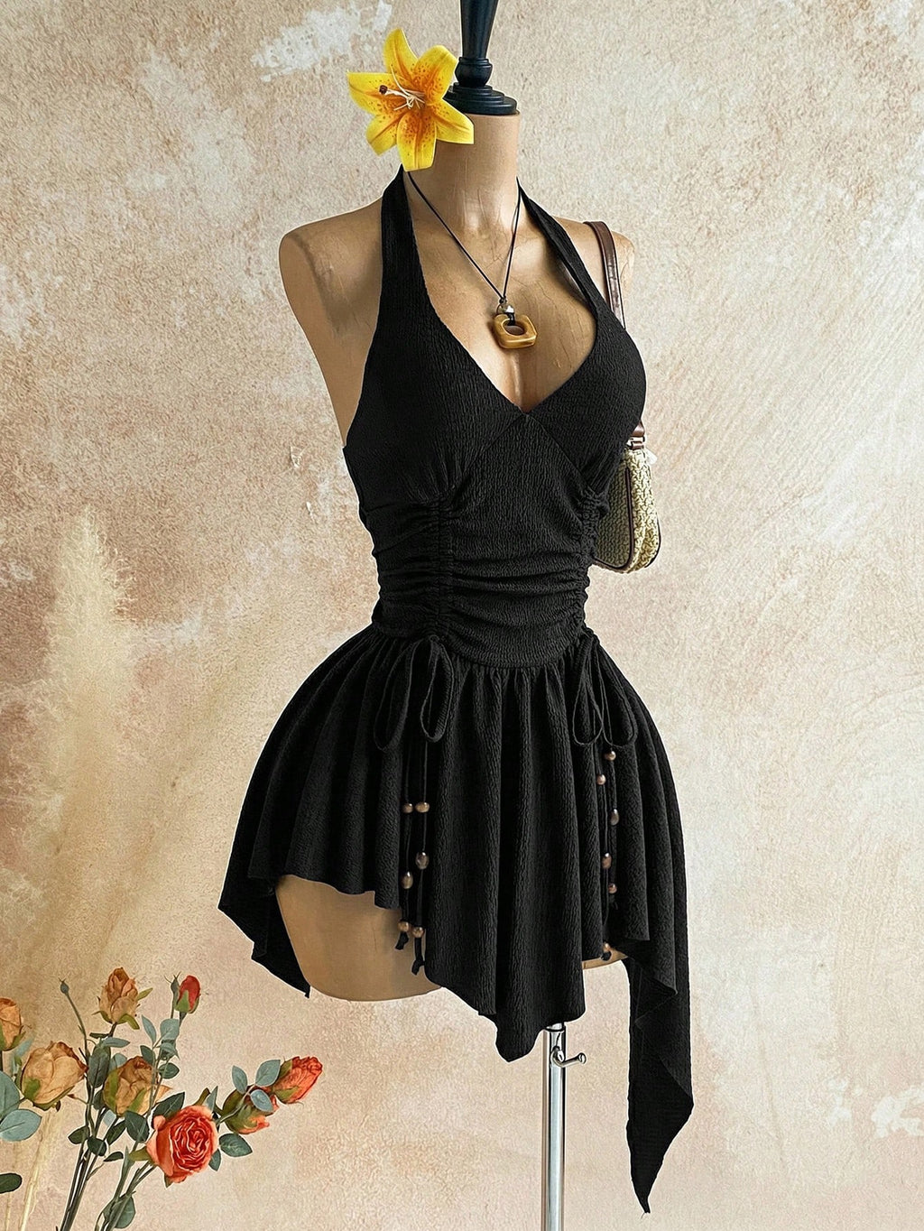 Soleia Deep V Neck Tie-Up Waist Wooden Bead Asymmetrical Hem Mini