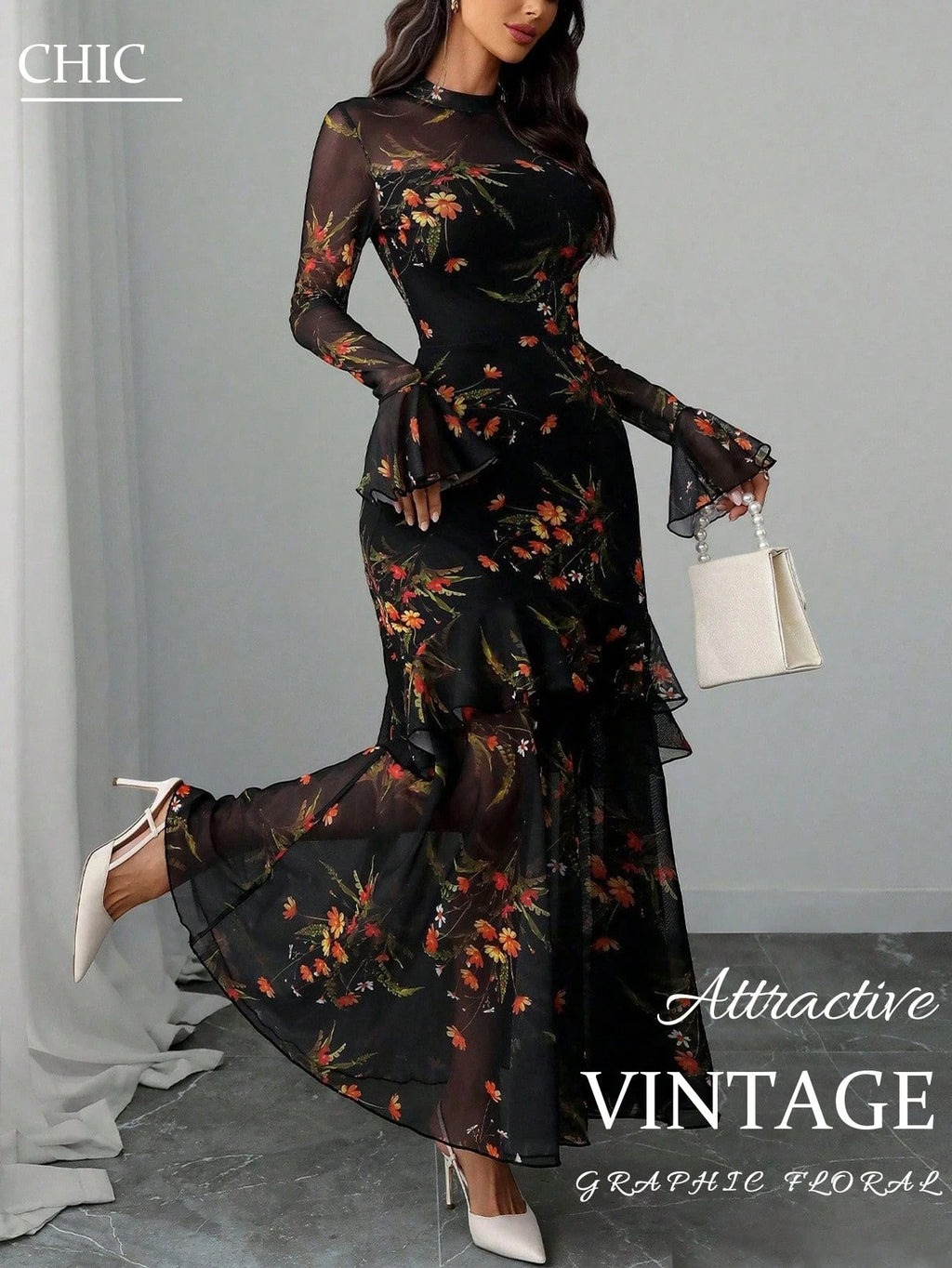 Women Black Floral Sheer Mesh Maxi Dress, Mock Neck Bell Sleeve