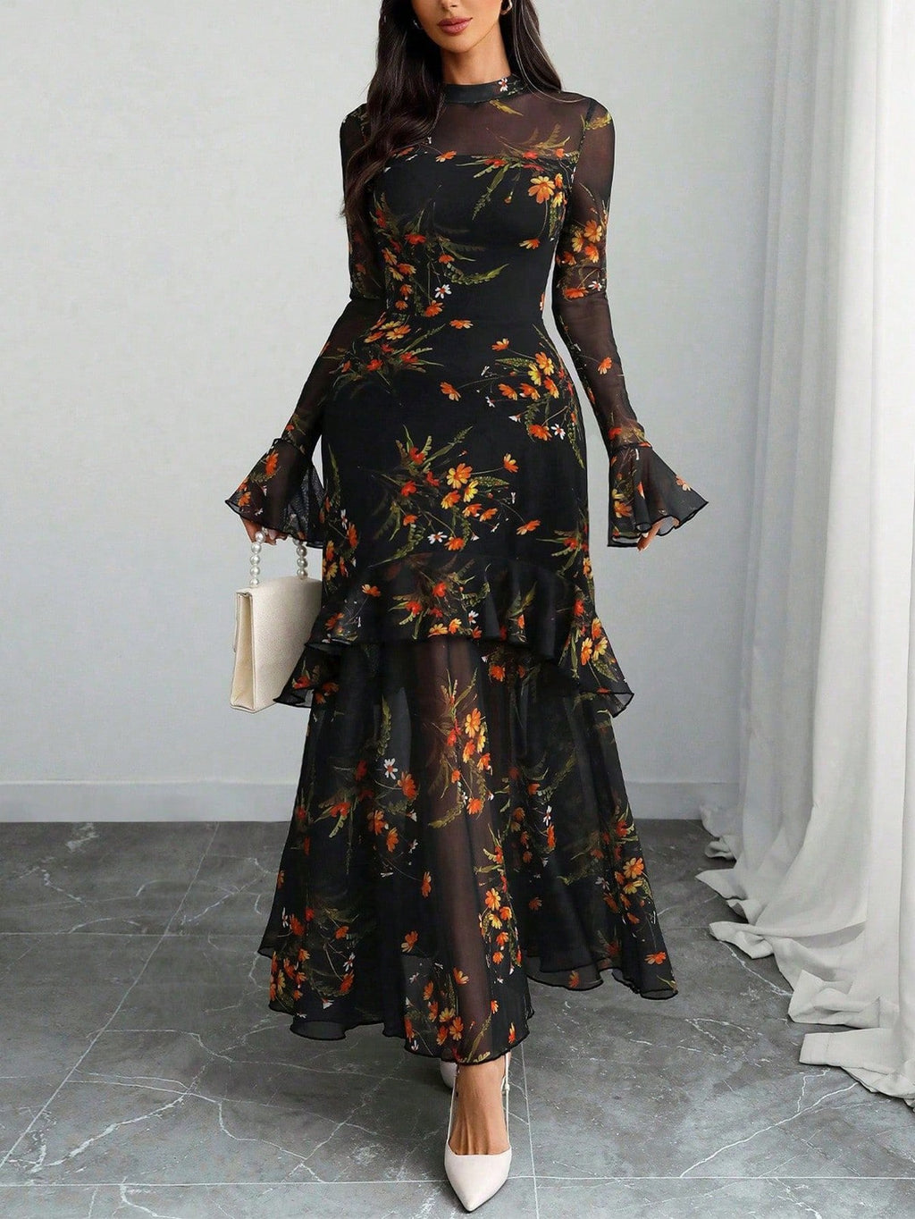 Women Black Floral Sheer Mesh Maxi Dress, Mock Neck Bell Sleeve