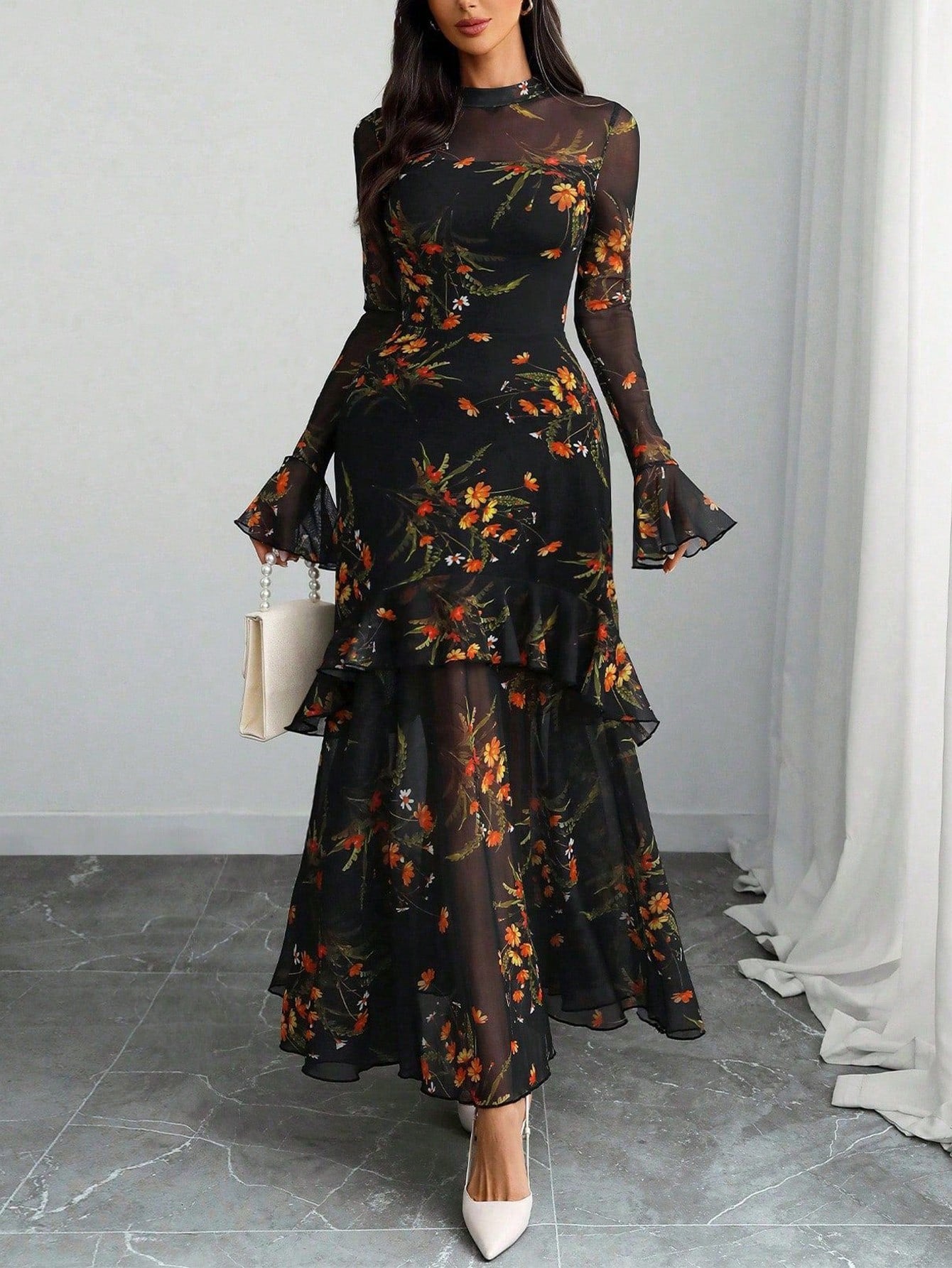 Women Black Floral Sheer Mesh Maxi Dress, Mock Neck Bell Sleeve