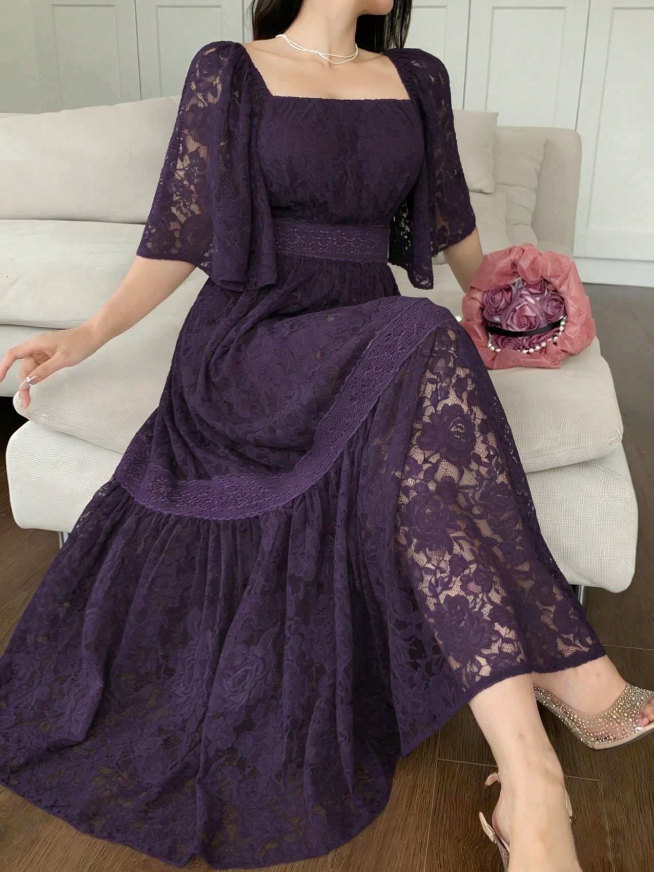 DAZY Contrast Color Lace Full Floral Print Mid-Length Dress For Women