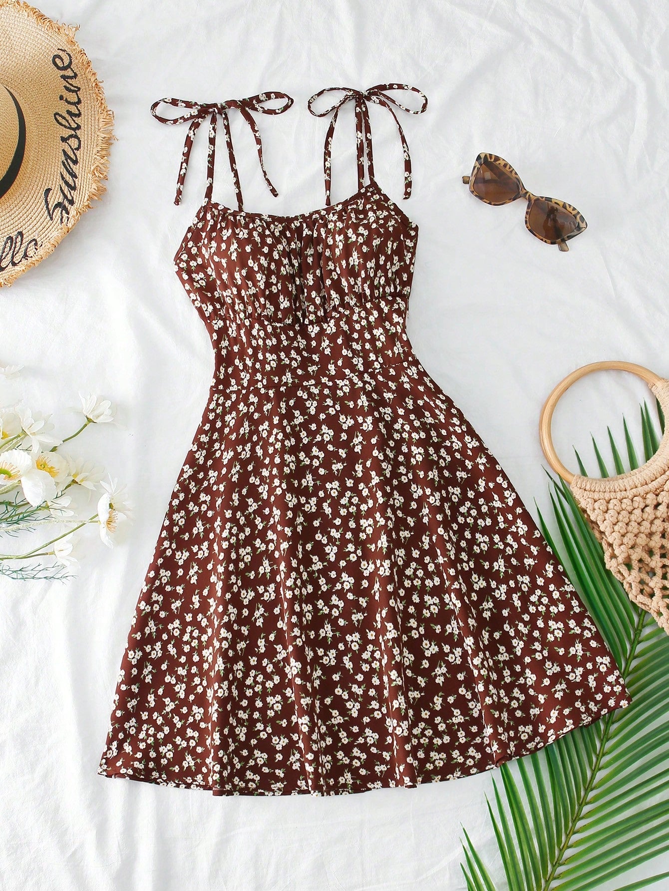 Breezaya Women's Spaghetti Strap Tie-Up Ditsy Floral Mini Dress