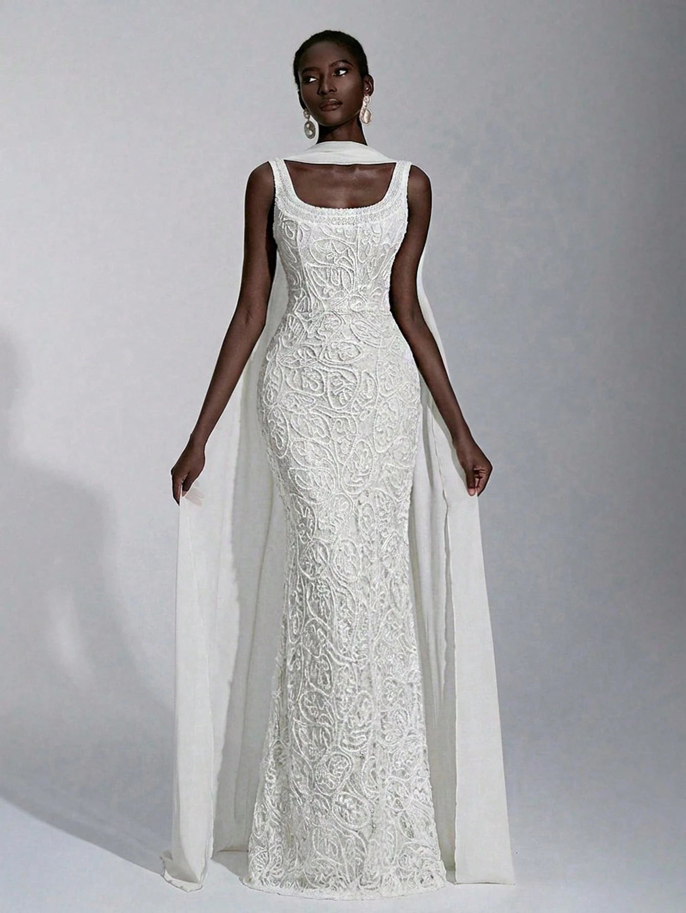 Elitara White Summer Elegant Wedding Luxurious 3D Lace Cord Fabric Minimalist Spaghetti Strap High Waist Long - image 8