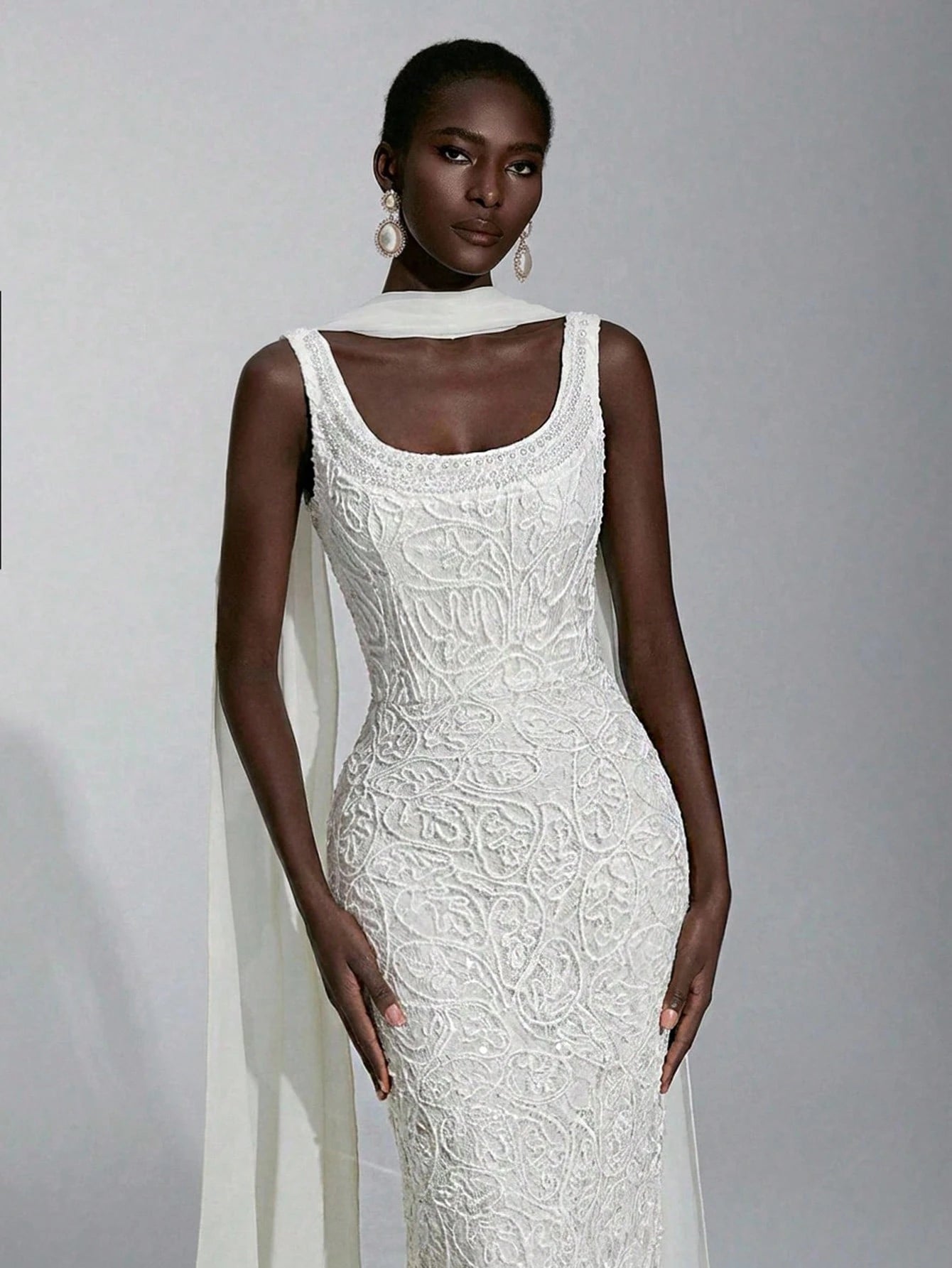 Elitara White Summer Elegant Wedding Luxurious 3D Lace Cord Fabric Minimalist Spaghetti Strap High Waist Long - image 9