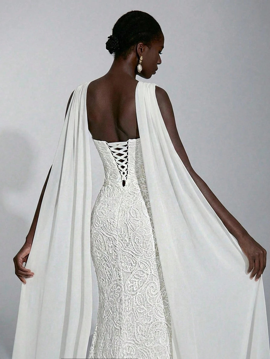 Elitara White Summer Elegant Wedding Luxurious 3D Lace Cord Fabric Minimalist Spaghetti Strap High Waist Long - image 17