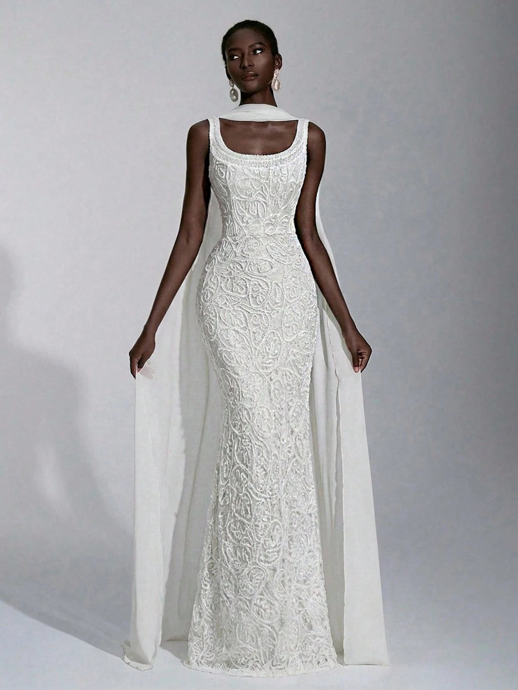 Elitara White Summer Elegant Wedding Luxurious 3D Lace Cord Fabric Minimalist Spaghetti Strap High Waist Long - image 18
