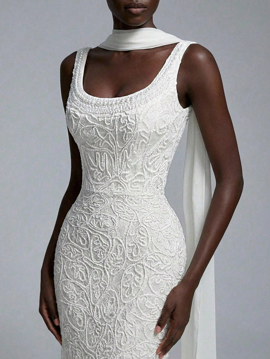 Elitara White Summer Elegant Wedding Luxurious 3D Lace Cord Fabric Minimalist Spaghetti Strap High Waist Long - image 19