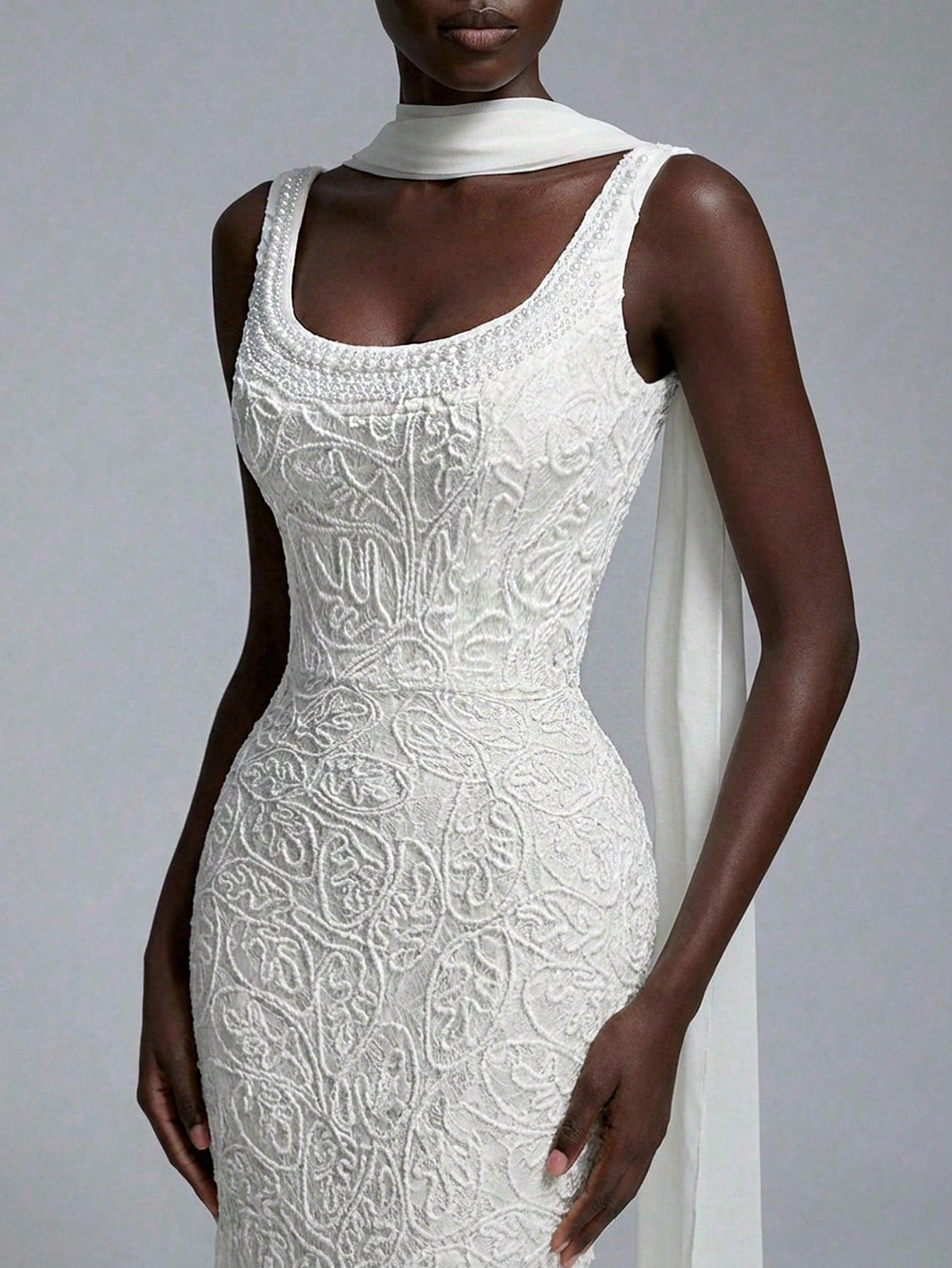 Elitara White Summer Elegant Wedding Luxurious 3D Lace Cord Fabric Minimalist Spaghetti Strap High Waist Long - image 19