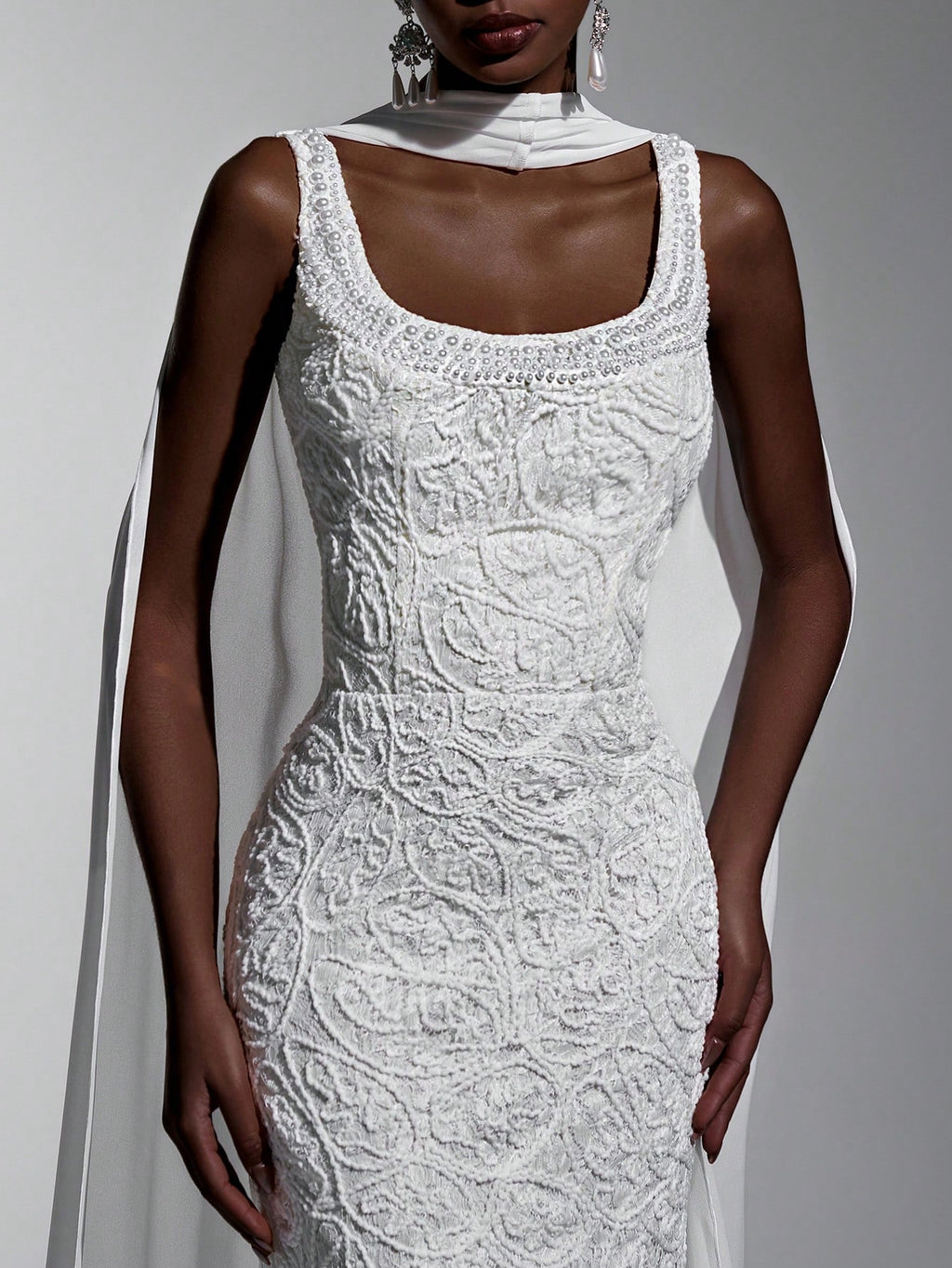 Elitara White Summer Elegant Wedding Luxurious 3D Lace Cord Fabric Minimalist Spaghetti Strap High Waist Long - image 20