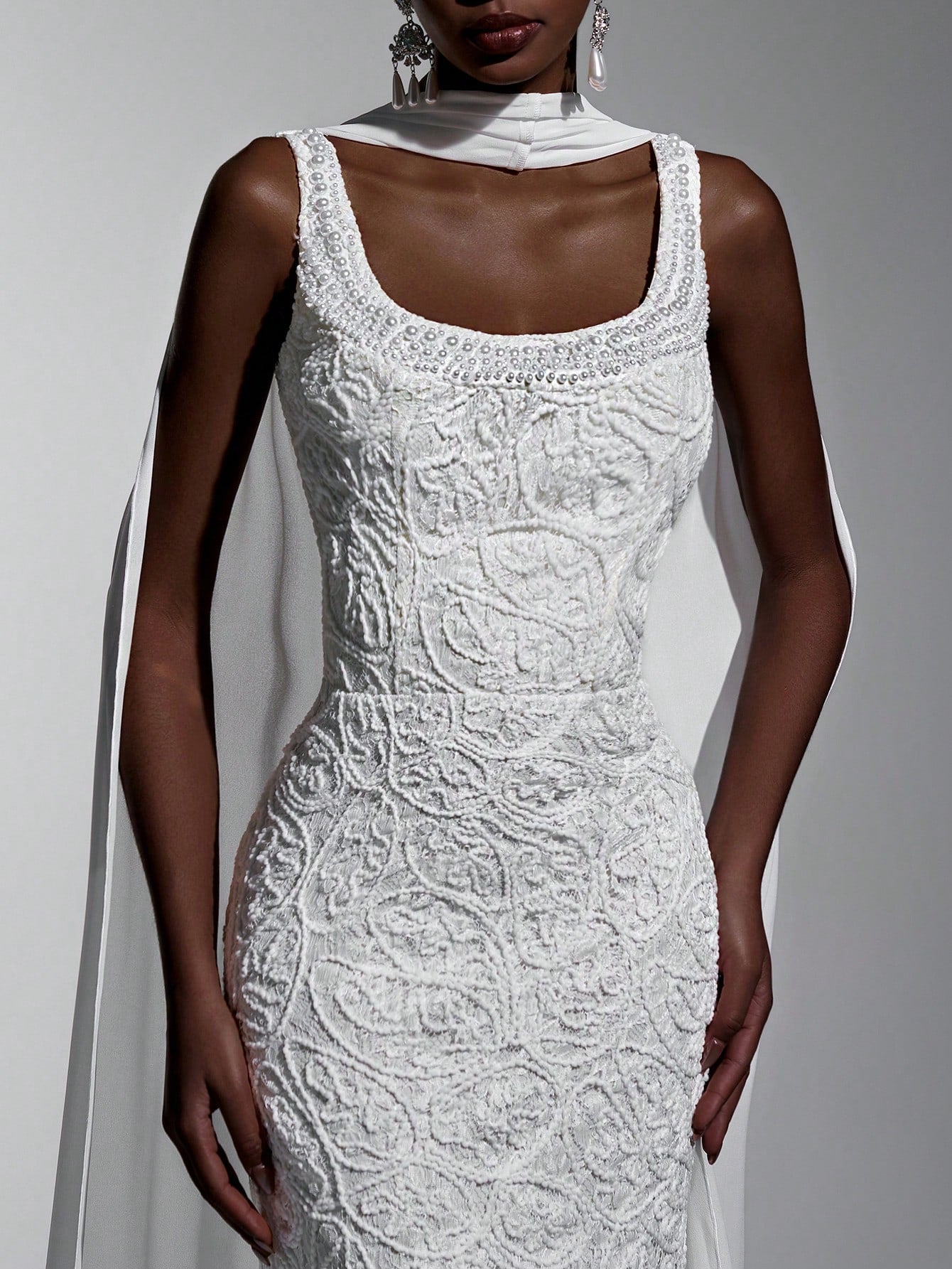 Elitara White Summer Elegant Wedding Luxurious 3D Lace Cord Fabric Minimalist Spaghetti Strap High Waist Long - image 20