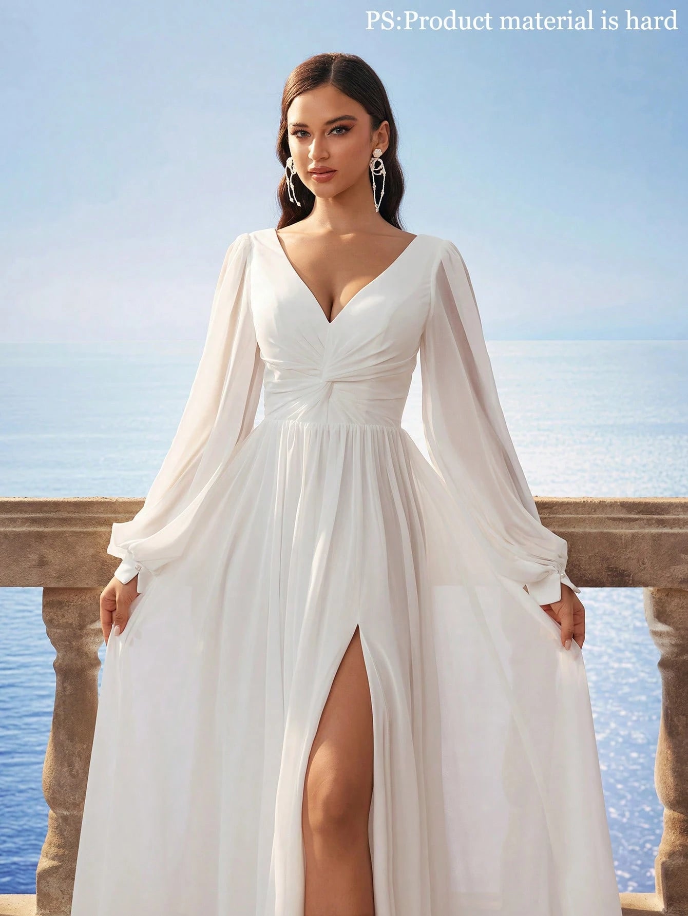 HEARBOBO Vintage Greek Style Chiffon V-Neck Off-Shoulder Long Sleeve Slit Maxi Dress, Elegant Romantic Bridal - image 2