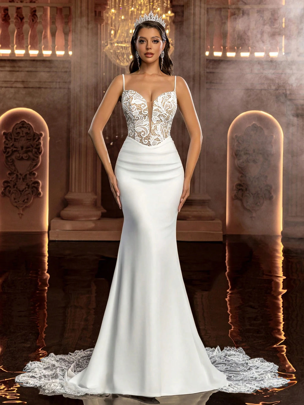 Glamrae White Summer Elegant Party Wedding Dress,French Embroidery Bone Lace Spaghetti Strap Sweetheart