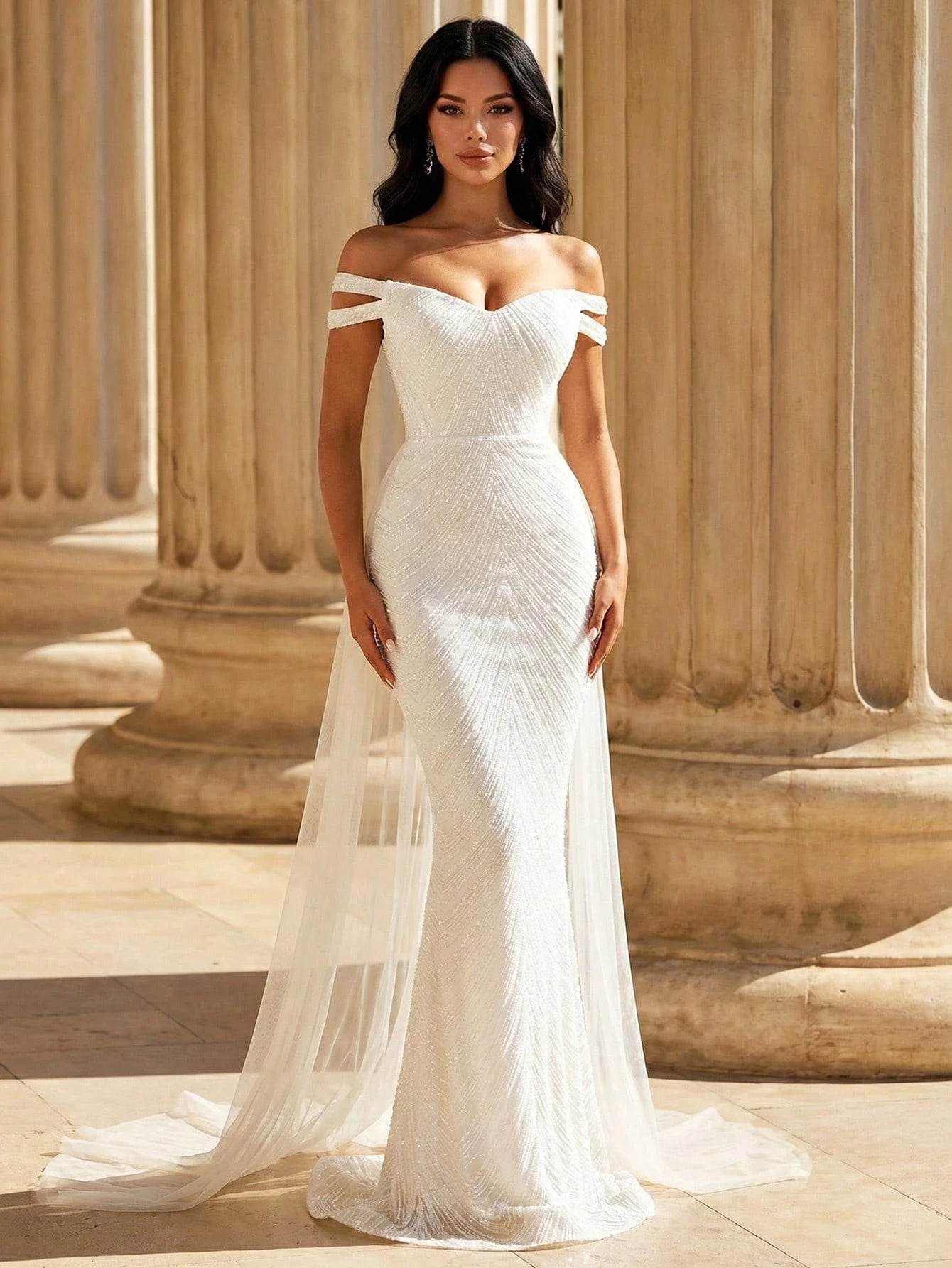 LOVE&LEMONADE Elegant White Off Shoulder Flowing Mesh Patchwork Backless Criss-Cross Tie Mermaid Long Wedding