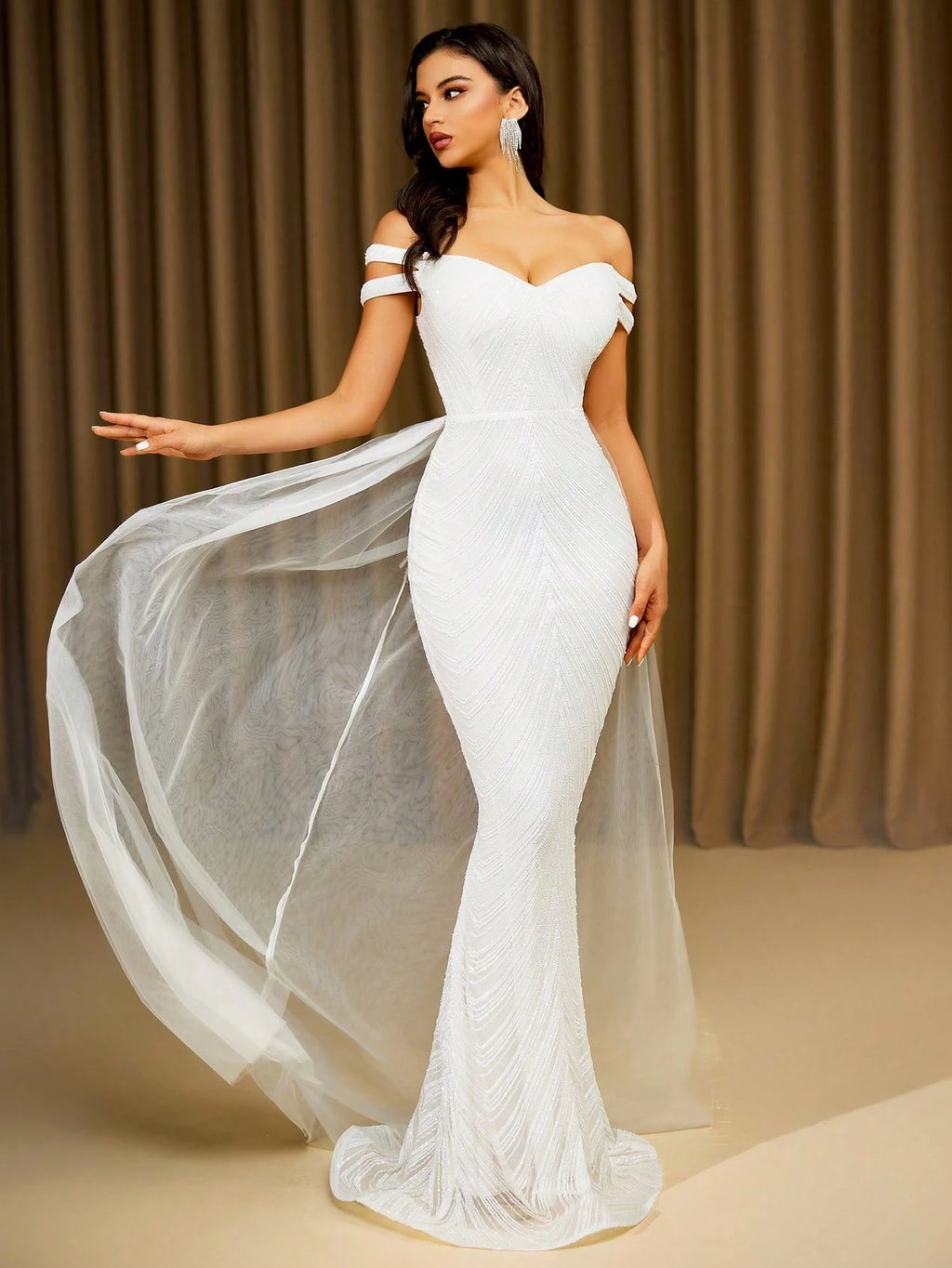 LOVE&LEMONADE Elegant White Off Shoulder Flowing Mesh Patchwork Backless Criss-Cross Tie Mermaid Long Wedding - image 7