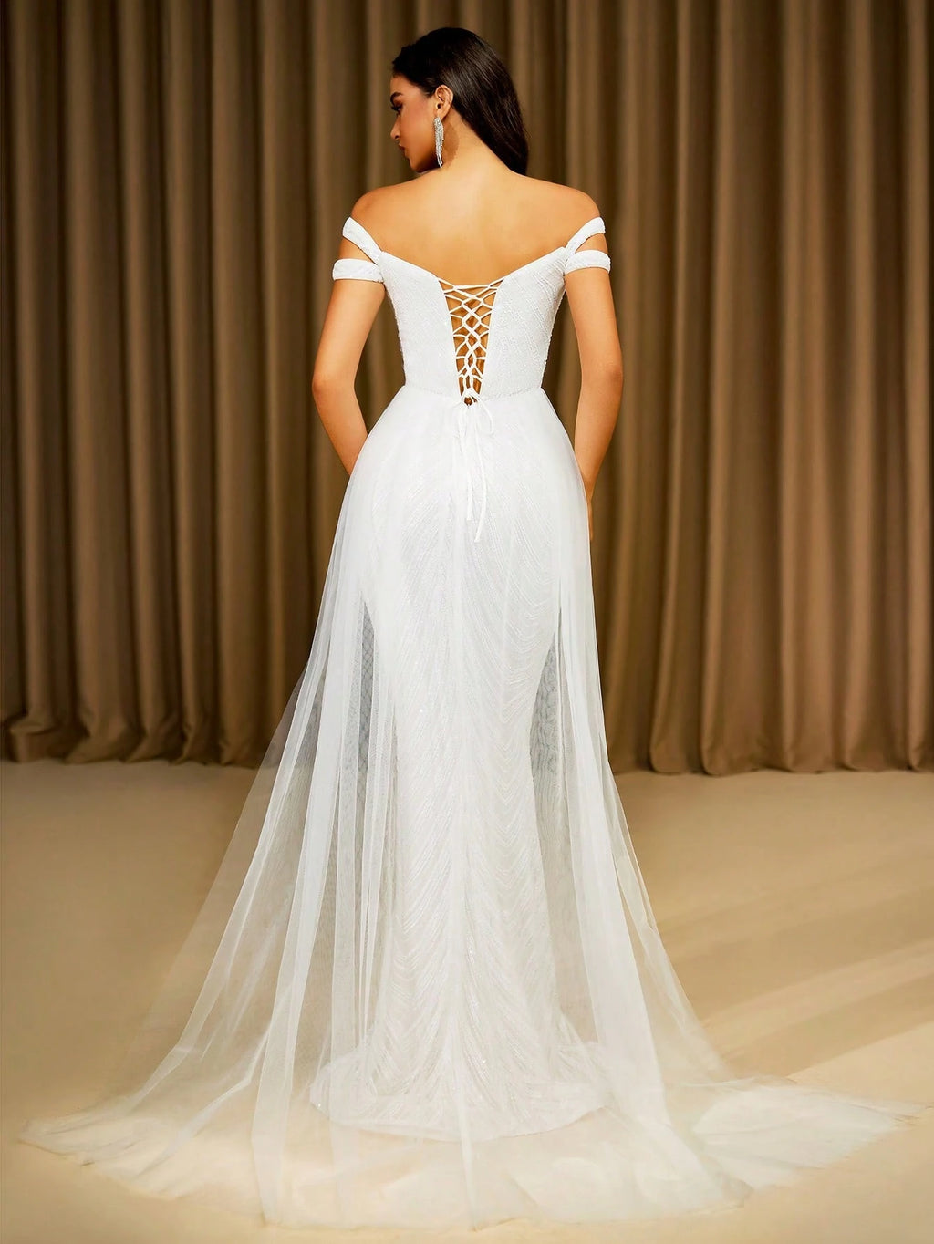LOVE&LEMONADE Elegant White Off Shoulder Flowing Mesh Patchwork Backless Criss-Cross Tie Mermaid Long Wedding - image 8