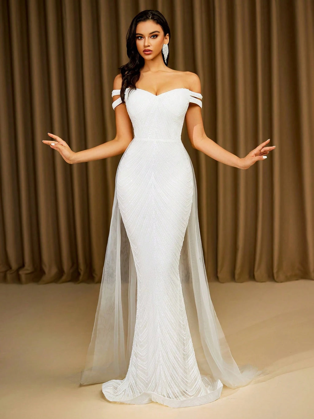 LOVE&LEMONADE Elegant White Off Shoulder Flowing Mesh Patchwork Backless Criss-Cross Tie Mermaid Long Wedding - image 5