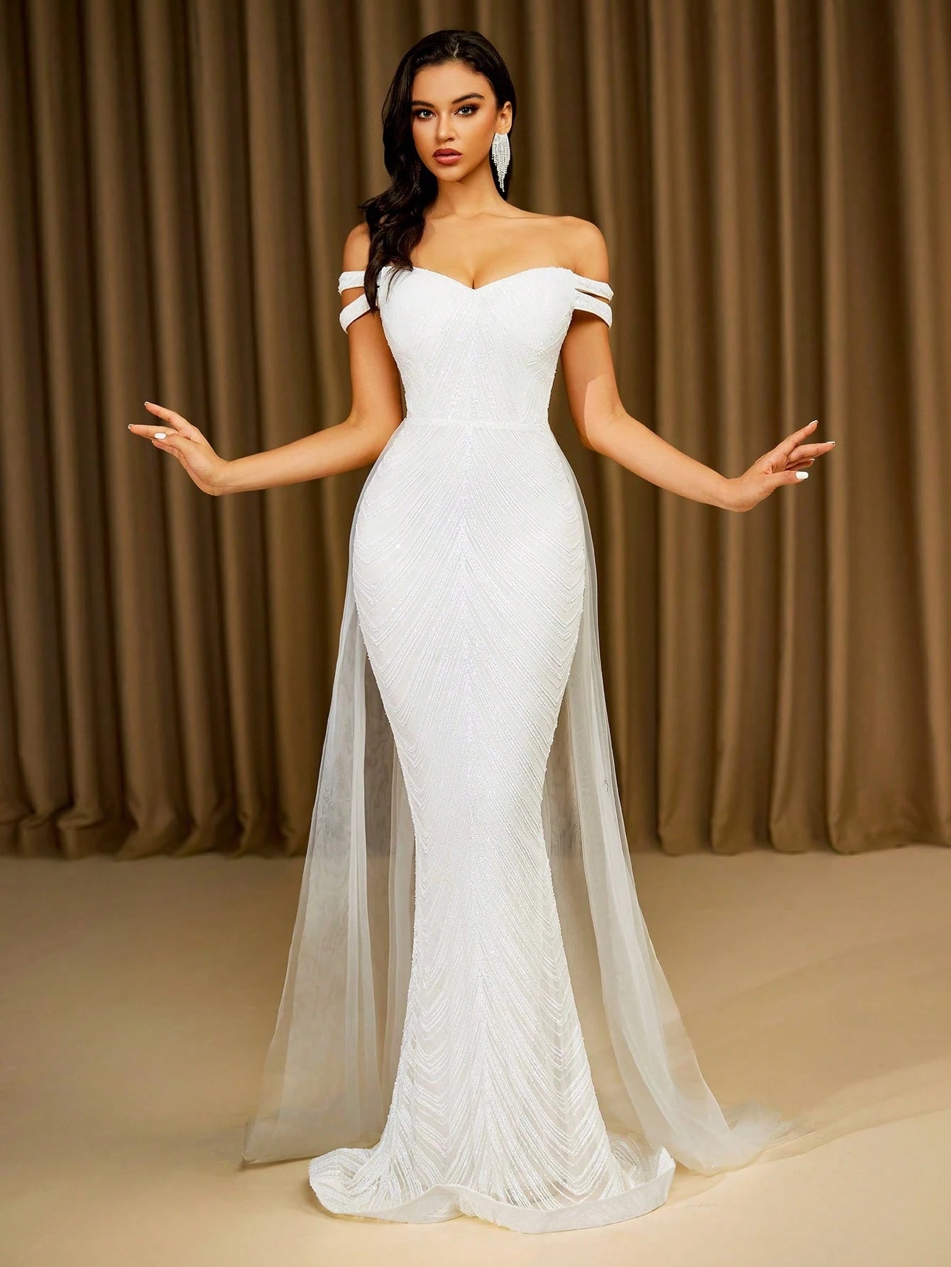 LOVE&LEMONADE Elegant White Off Shoulder Flowing Mesh Patchwork Backless Criss-Cross Tie Mermaid Long Wedding - image 5