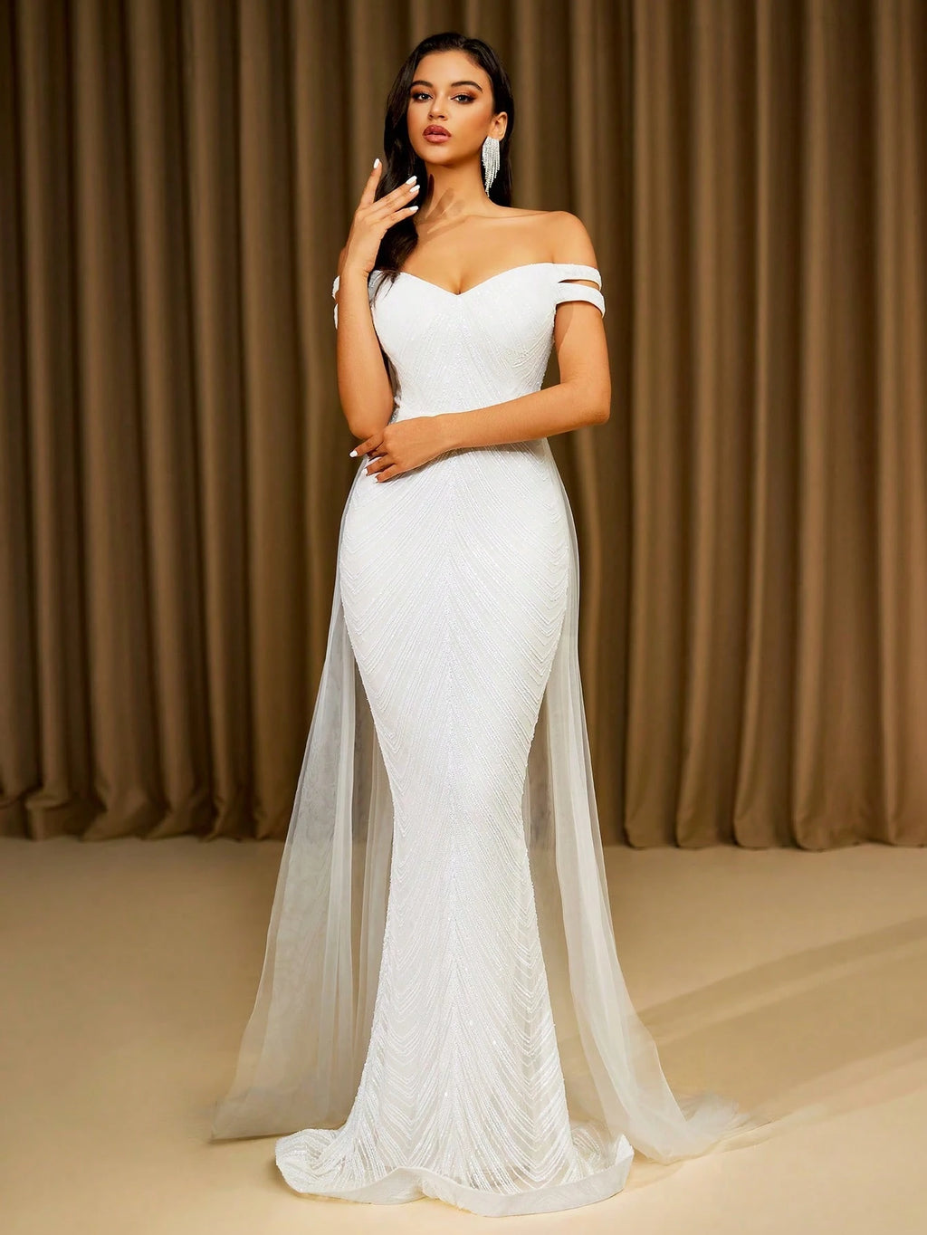 LOVE&LEMONADE Elegant White Off Shoulder Flowing Mesh Patchwork Backless Criss-Cross Tie Mermaid Long Wedding - image 6
