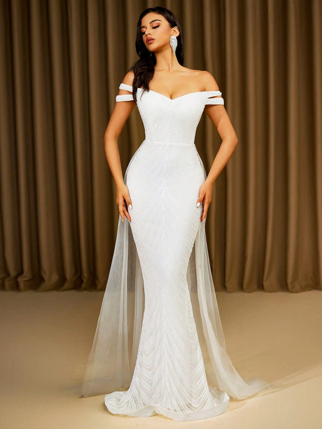 LOVE&LEMONADE Elegant White Off Shoulder Flowing Mesh Patchwork Backless Criss-Cross Tie Mermaid Long Wedding - image 4