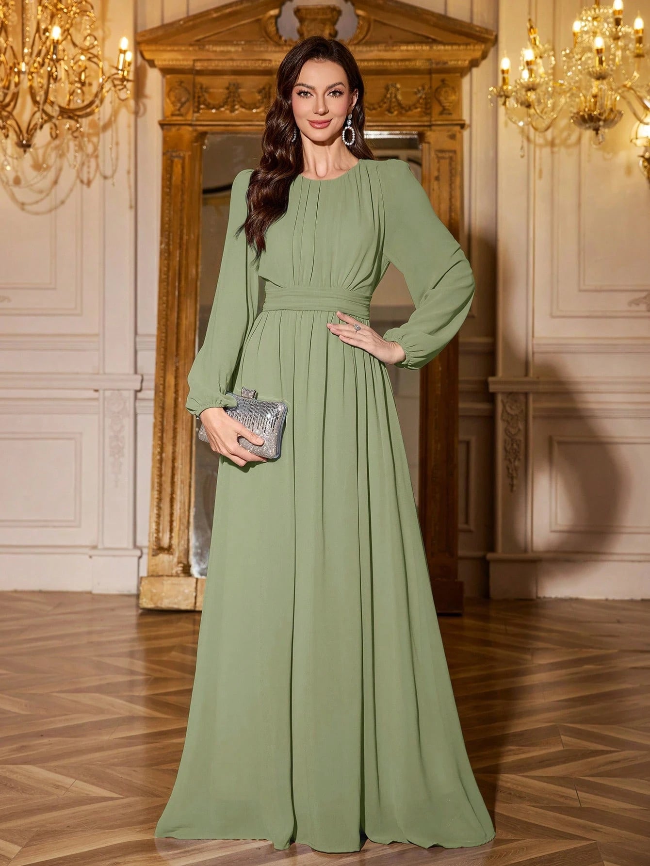 Volly Toych Elegant And Graceful Chiffon Bridesmaid Dress, Unlined Sleeves, Ruched Bust, Round Neck, Bishop - image 16