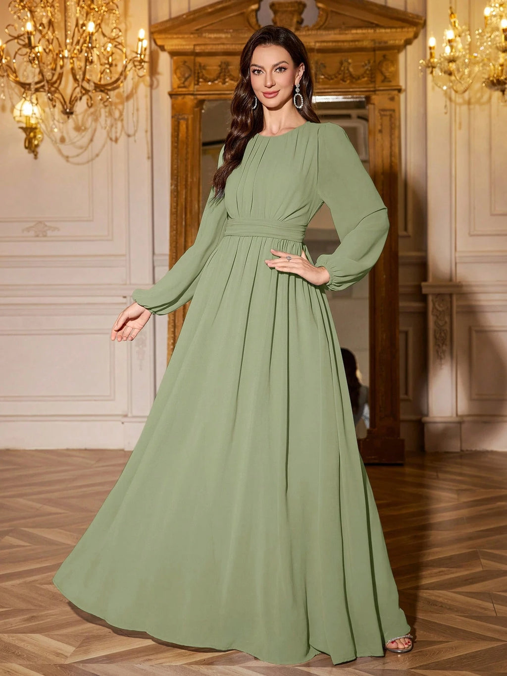 Volly Toych Elegant And Graceful Chiffon Bridesmaid Dress, Unlined Sleeves, Ruched Bust, Round Neck, Bishop - image 15
