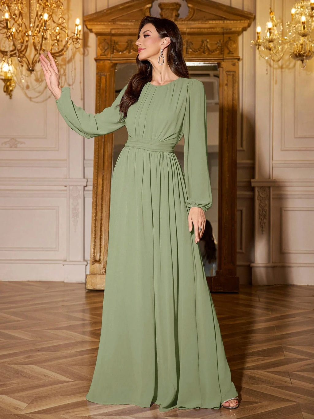 Volly Toych Elegant And Graceful Chiffon Bridesmaid Dress, Unlined Sleeves, Ruched Bust, Round Neck, Bishop - image 14
