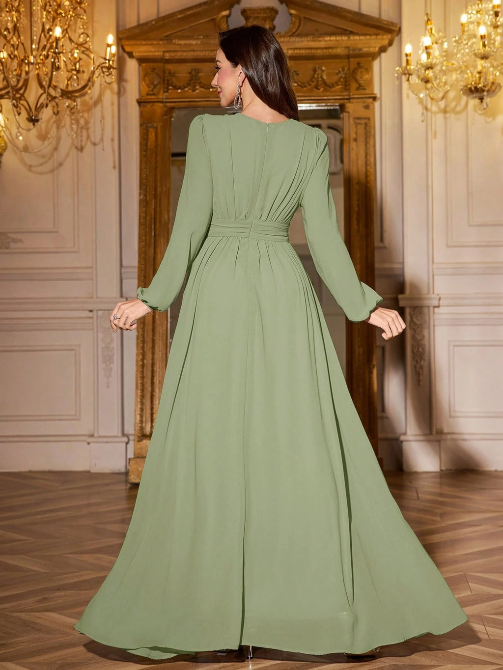 Volly Toych Elegant And Graceful Chiffon Bridesmaid Dress, Unlined Sleeves, Ruched Bust, Round Neck, Bishop - image 12