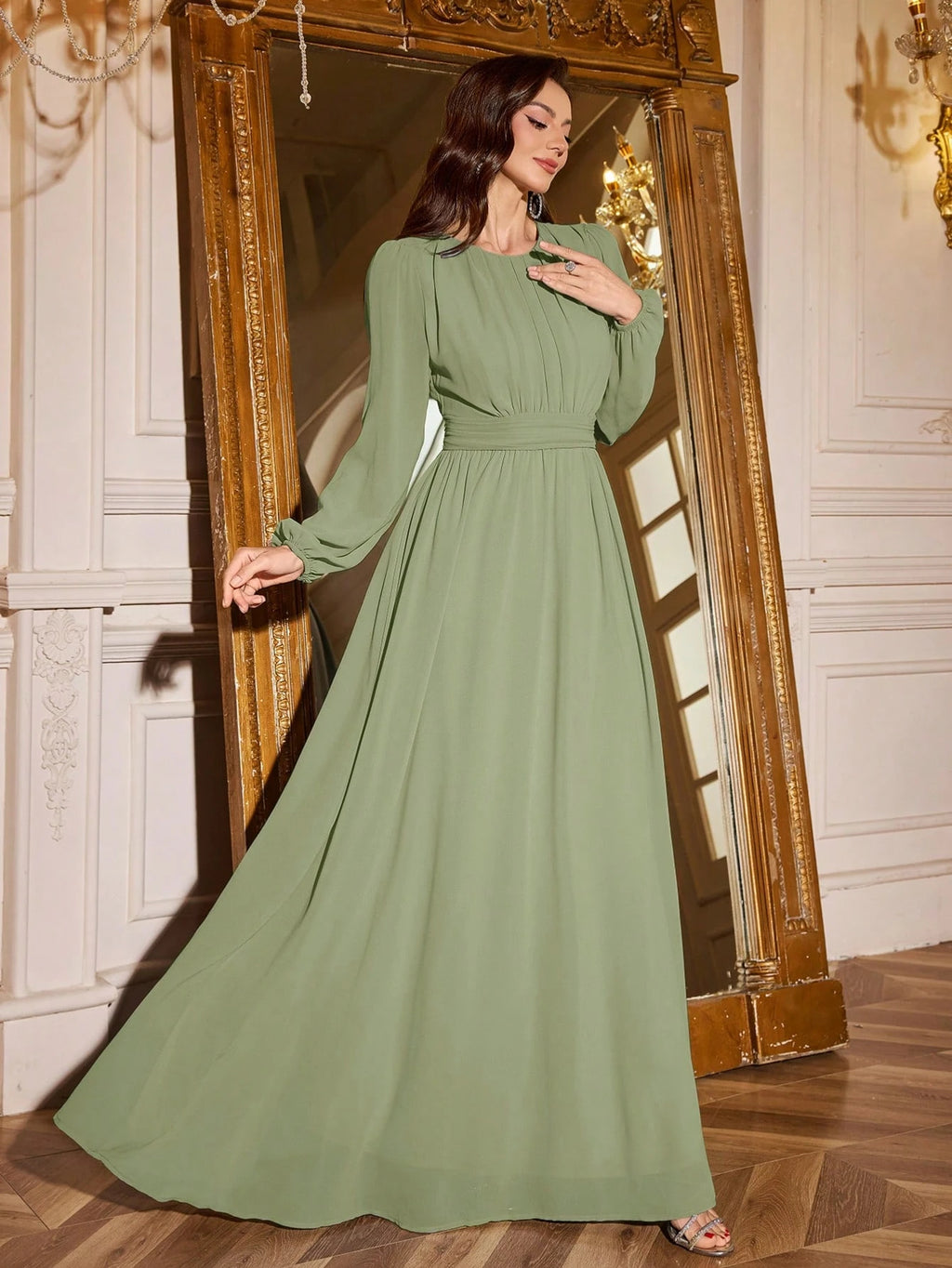Volly Toych Elegant And Graceful Chiffon Bridesmaid Dress, Unlined Sleeves, Ruched Bust, Round Neck, Bishop - image 17