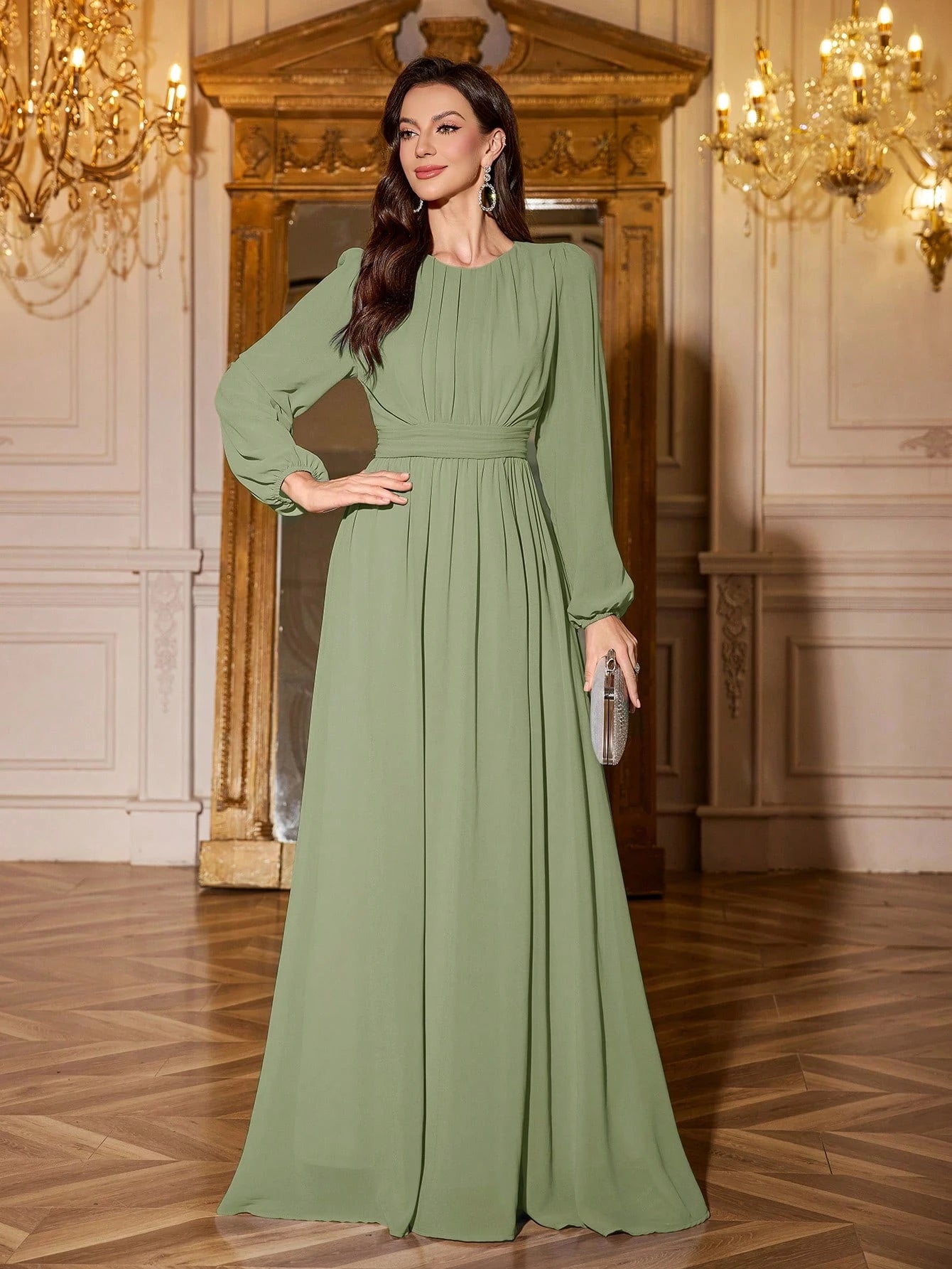 Volly Toych Elegant And Graceful Chiffon Bridesmaid Dress, Unlined Sleeves, Ruched Bust, Round Neck, Bishop - image 11