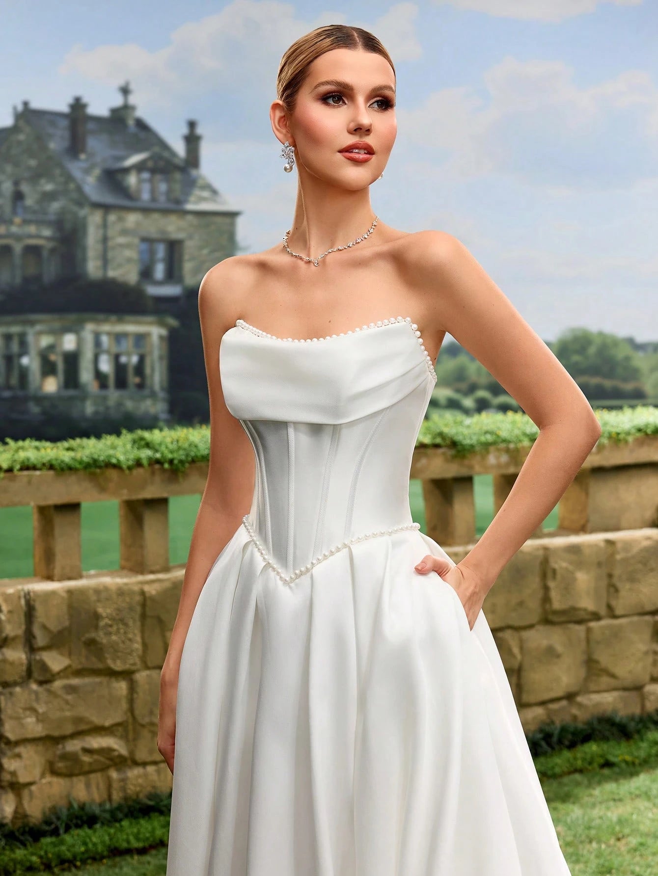 Elegant, Noble And Cute White Satin Faux Pearl Decor Style A-Line White Wedding Dress Bridal Gown With Train - image 5