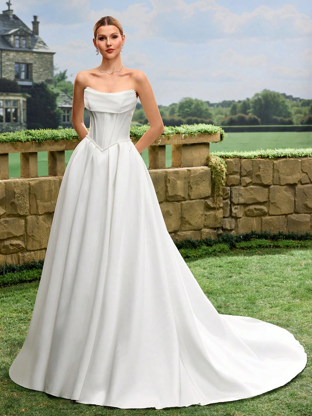 Elegant, Noble And Cute White Satin Faux Pearl Decor Style A-Line White Wedding Dress Bridal Gown With Train - image 4
