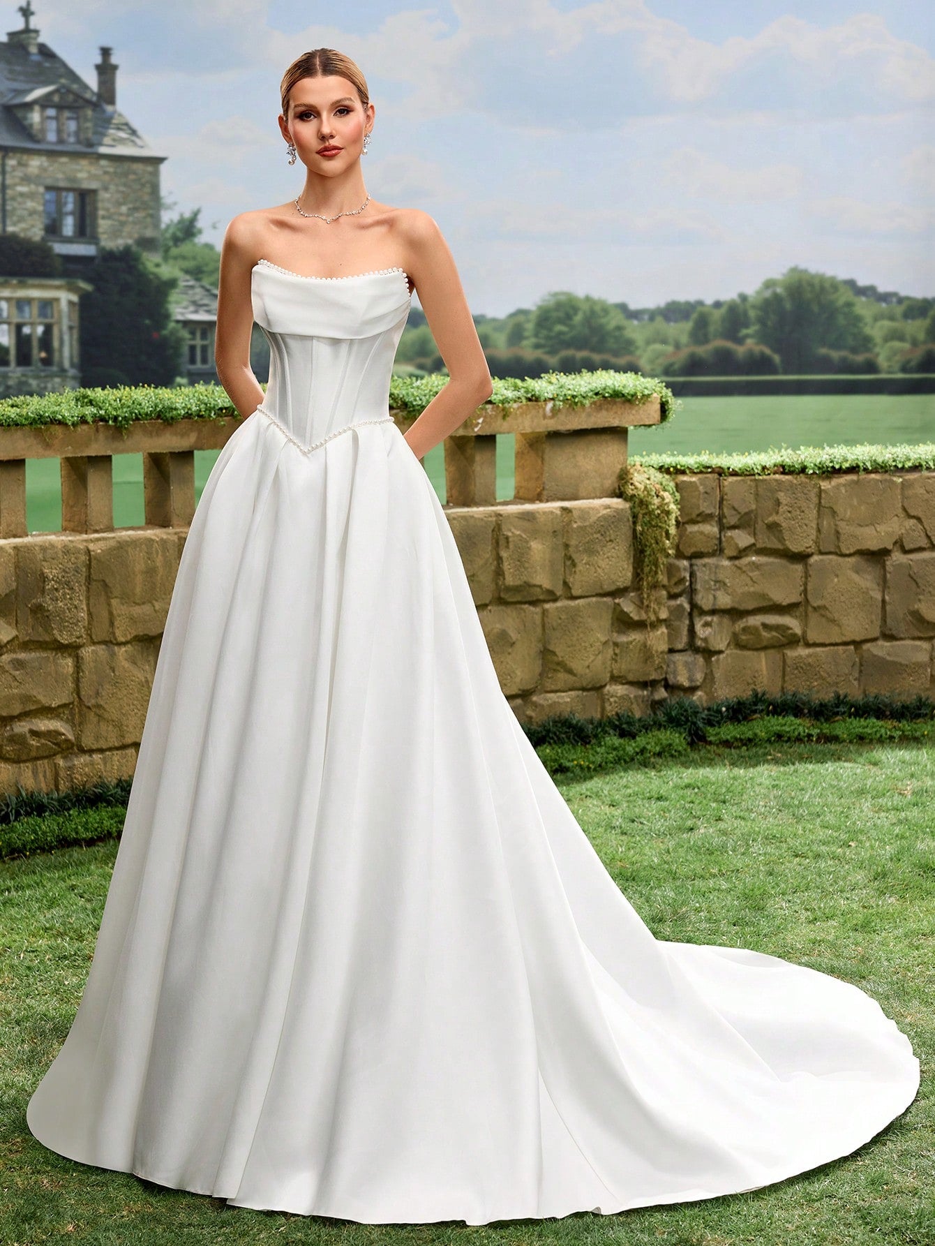 Elegant, Noble And Cute White Satin Faux Pearl Decor Style A-Line White Wedding Dress Bridal Gown With Train - image 4